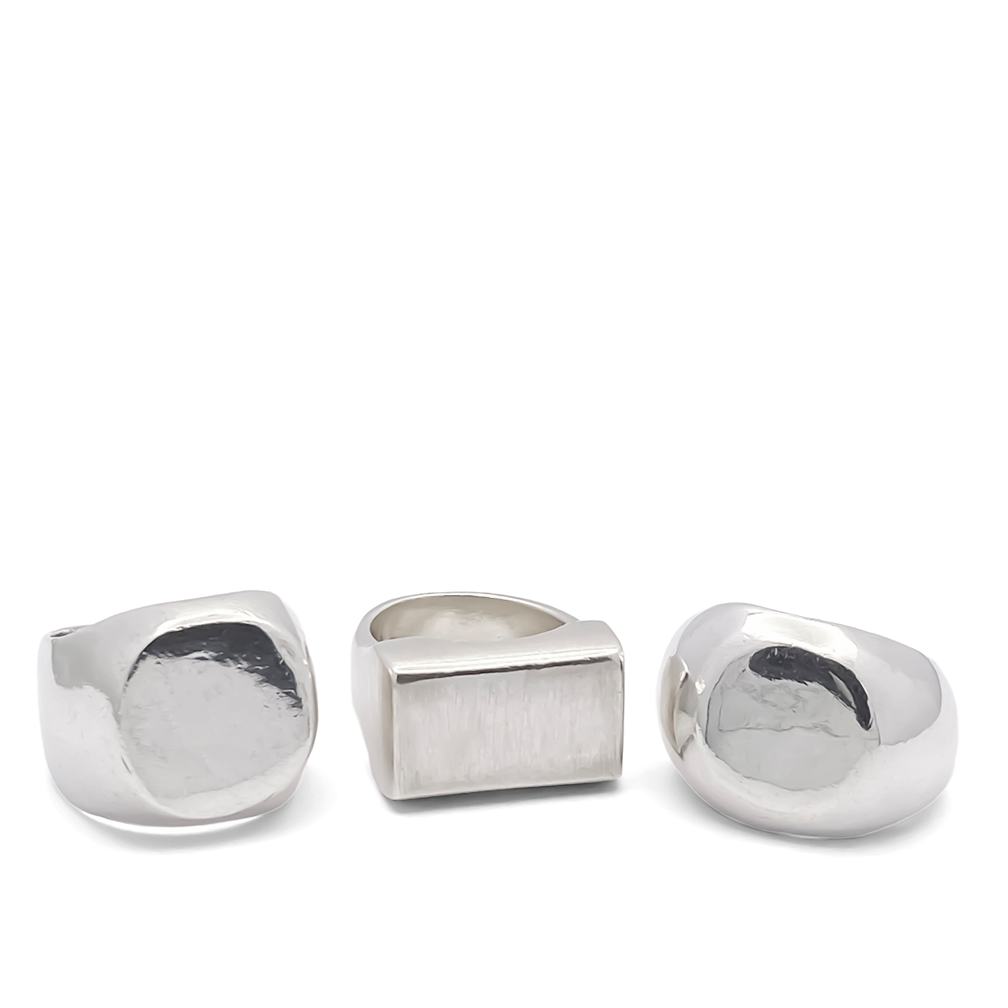 Group shot of Square Round Signet Rings in gold and silver, classic smooth style, free shipping