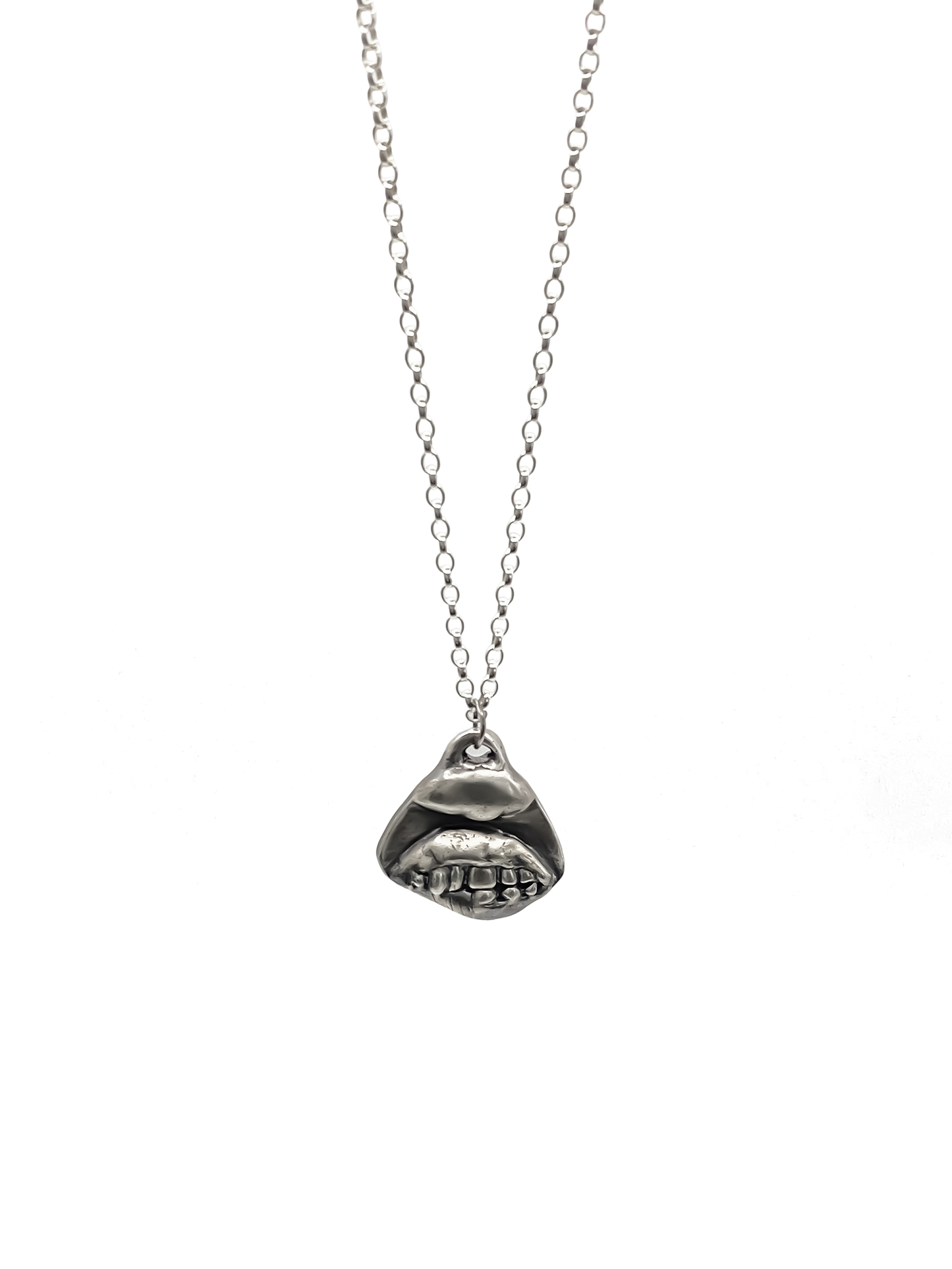 Smiler Pendant with clear mouth and lip detail - smile mouth lips teeth charming oxidised organic texture gold or silver free shipping