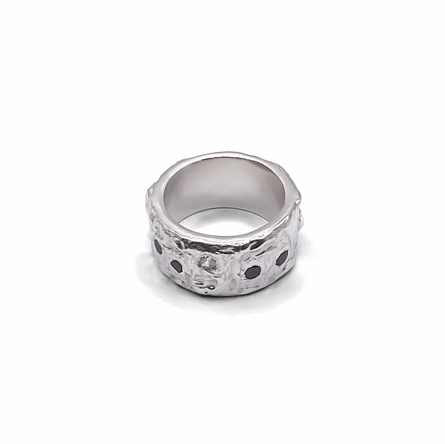 Stone Set Band frontal view in silver - textured band white and black gemstones gold or silver free shipping