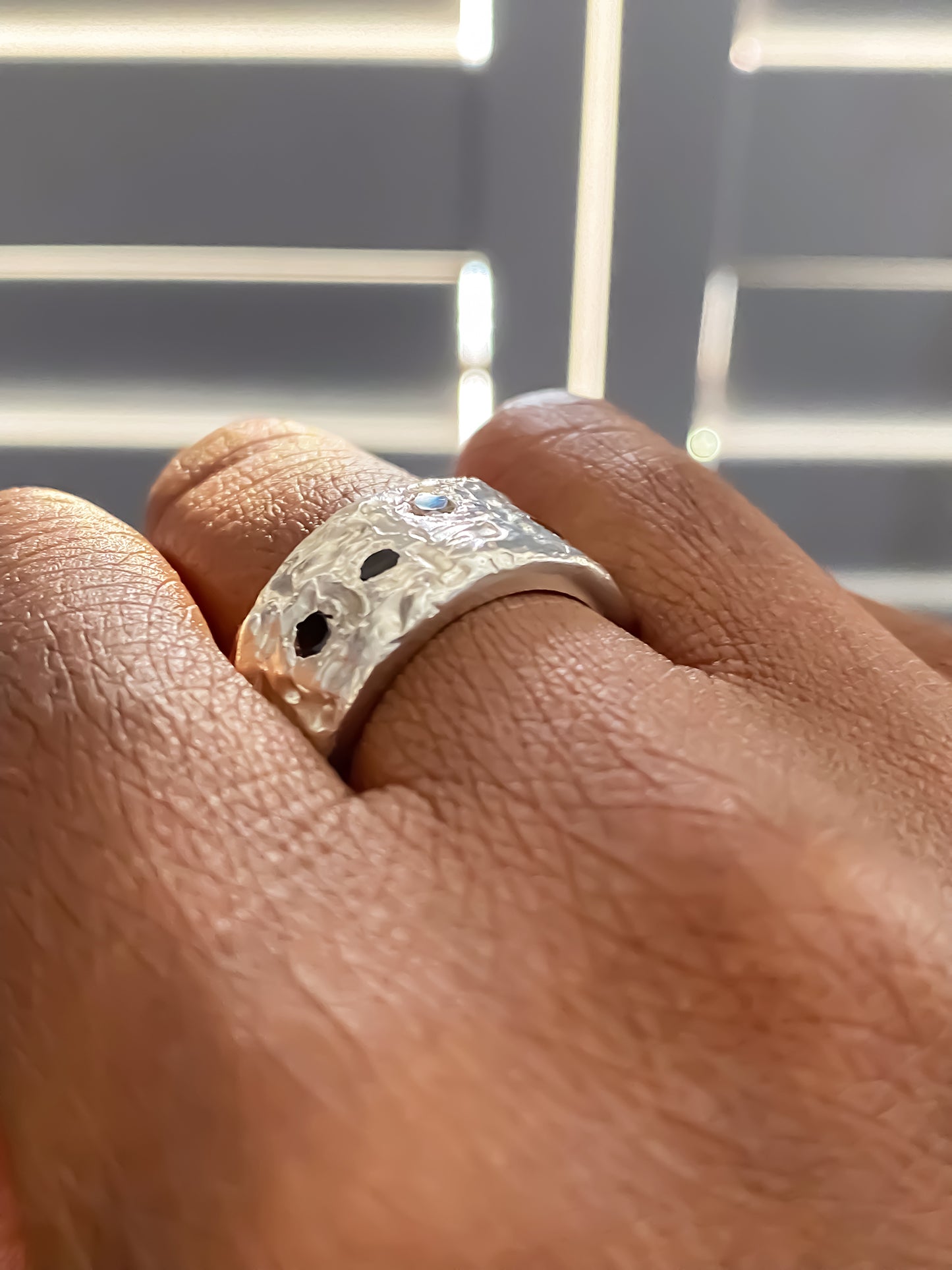 Stone Set Band in gold worn on hand - textured band white and black gemstones gold or silver free shipping
