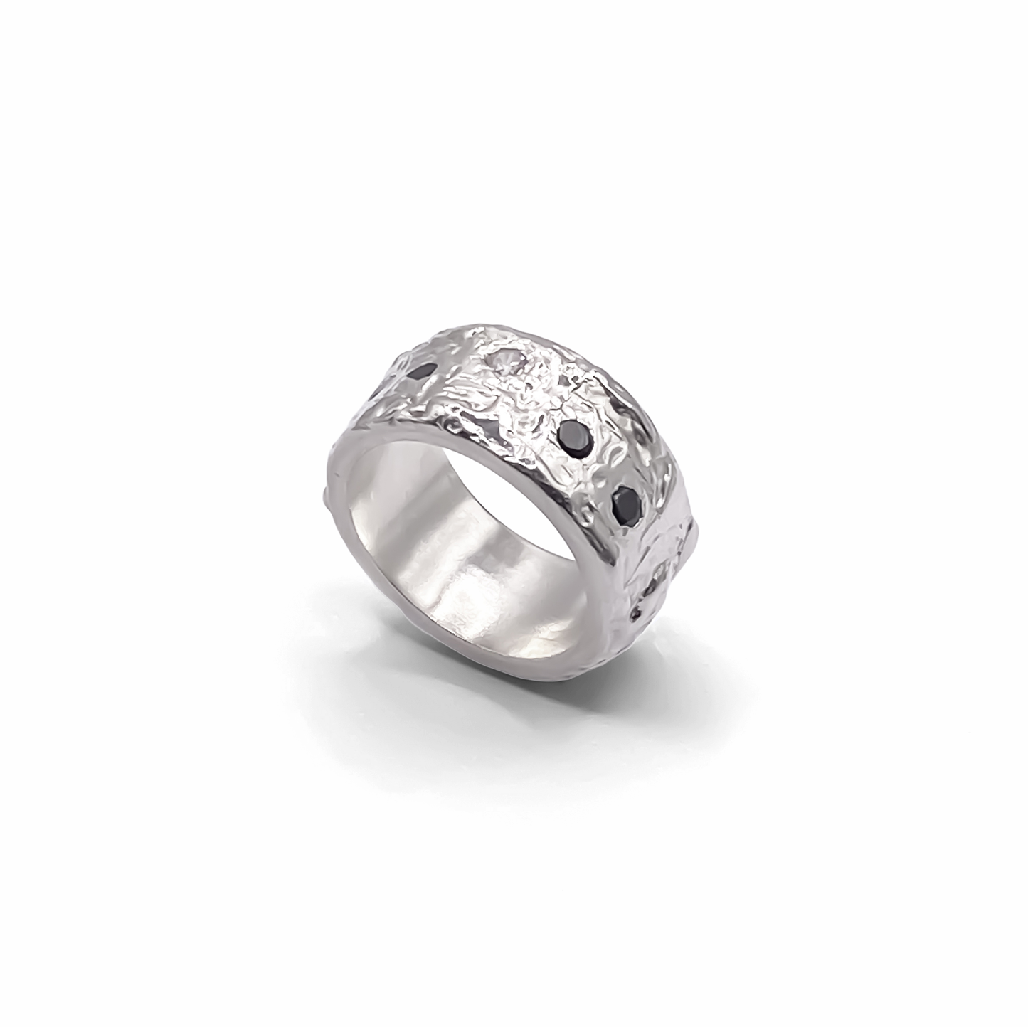 Curved shot of Stone Set Band under soft light - textured band white and black gemstones gold or silver free shipping