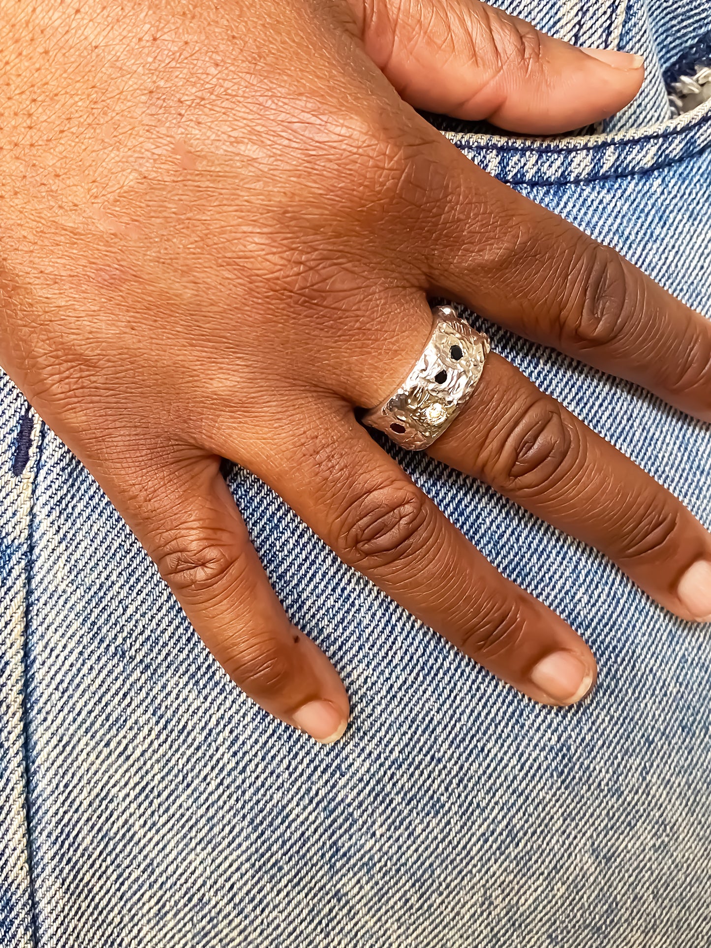 Stone Set Band worn on dark-toned hand for contrast - textured band white and black gemstones gold or silver free shipping