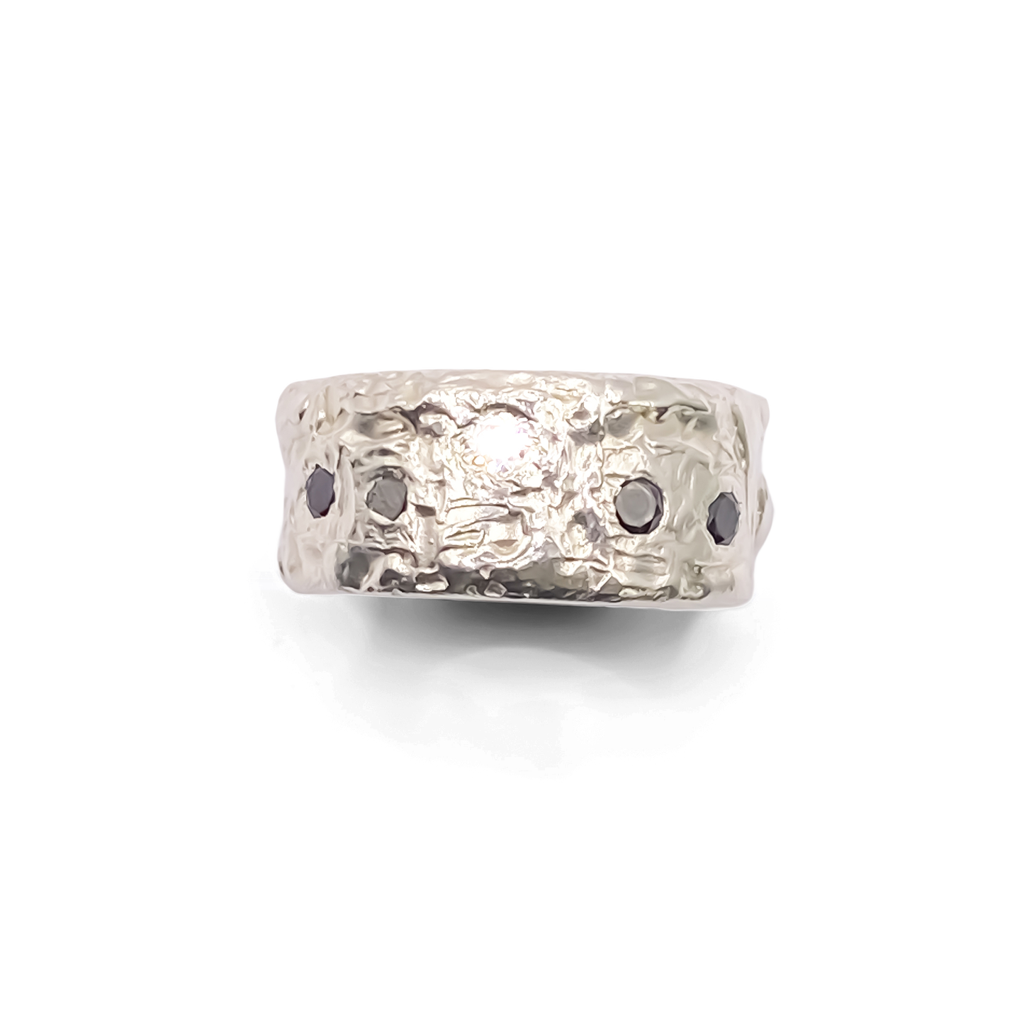 Polished silver version of the Stone Set Band - textured band white and black gemstones gold or silver free shipping