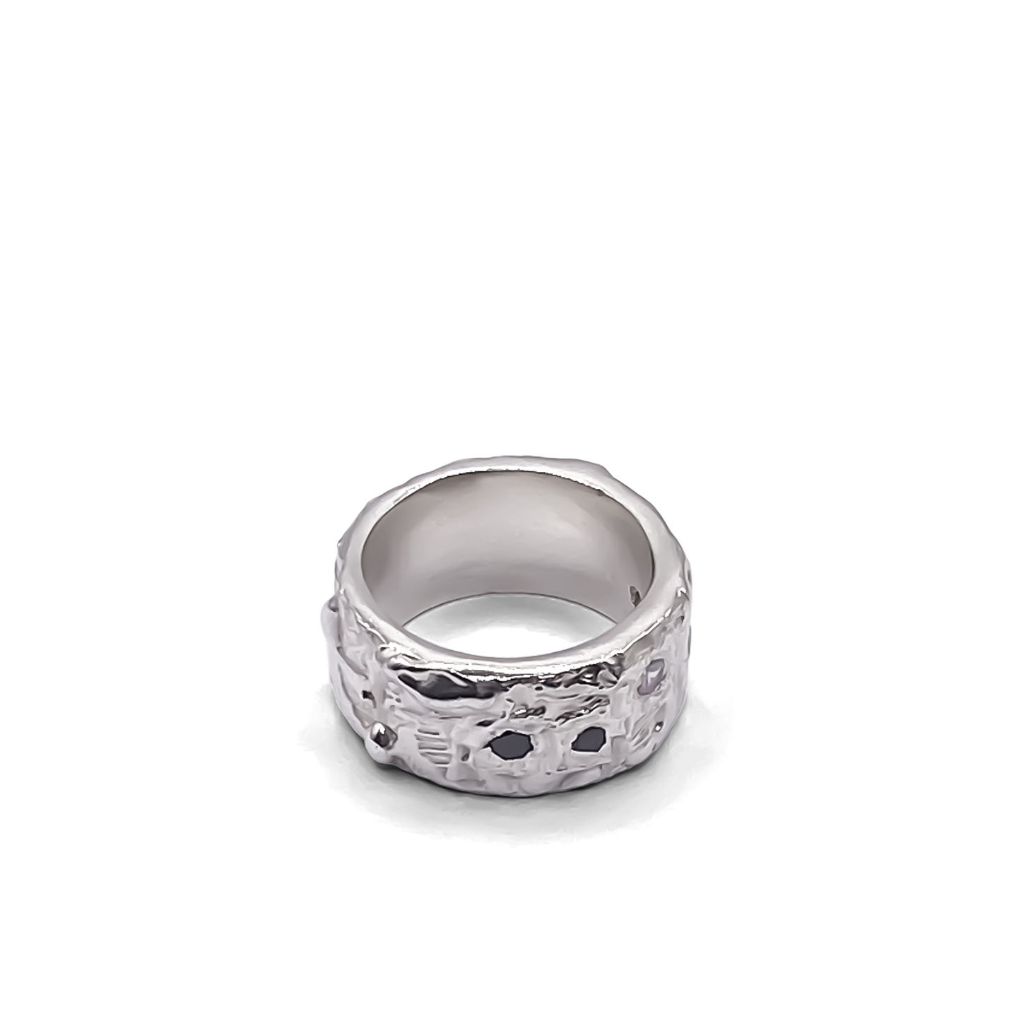 Side profile of Stone Set Band showing gemstone settings - textured band white and black gemstones gold or silver free shipping