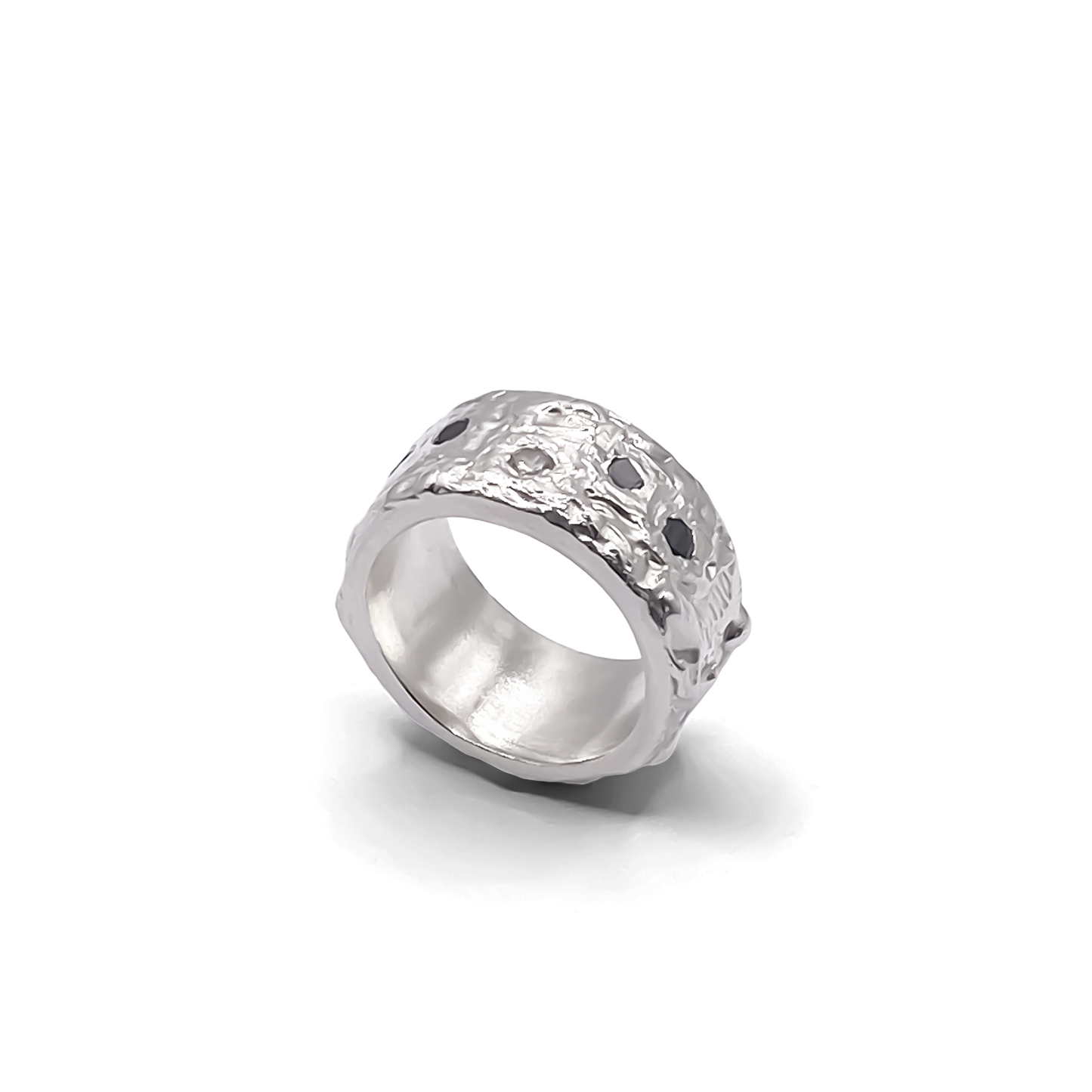 Top-down view showing the textured stone-set band - textured band white and black gemstones gold or silver free shipping