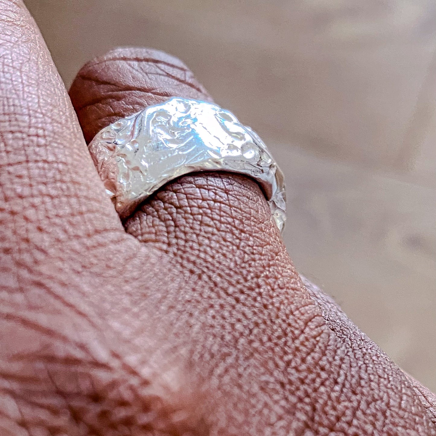 Tessy's Ring textured thick band in silver with a modern design available for free ship gold or silver