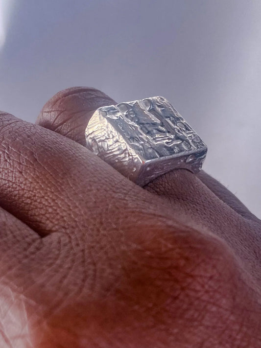 Textured Signet Ring handmade luxury ring, Sterling silver finish, smooth polished surface, close-up