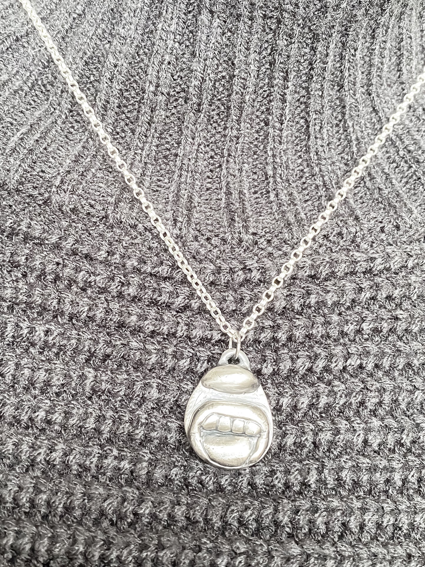 Tongue & Teeth Pendant worn with layered necklaces - tongue smile mouth lips charming oxidised organic texture gold or silver free shipping