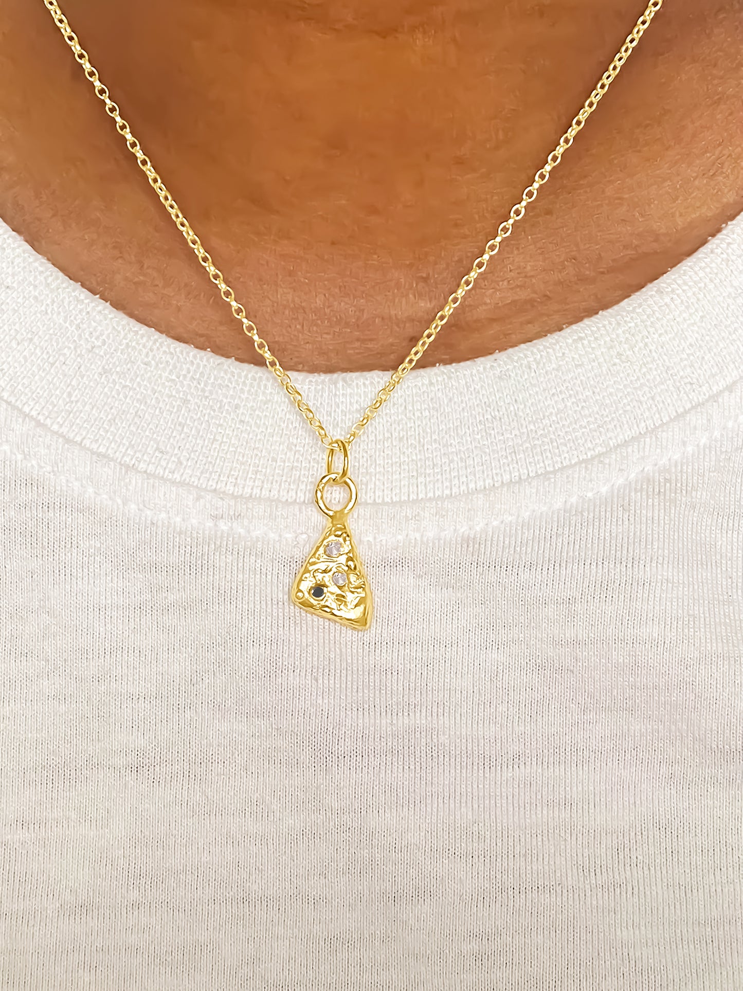 Minimalist gold pendant featuring the Triad Spark design with gemstones – MOCA Jewellery