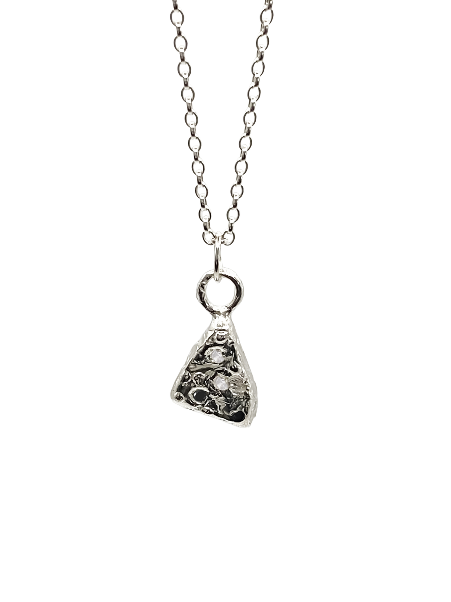 Delicate Triad Spark Pendant with a central gemstone, triangle form in gold or silver, free shipping