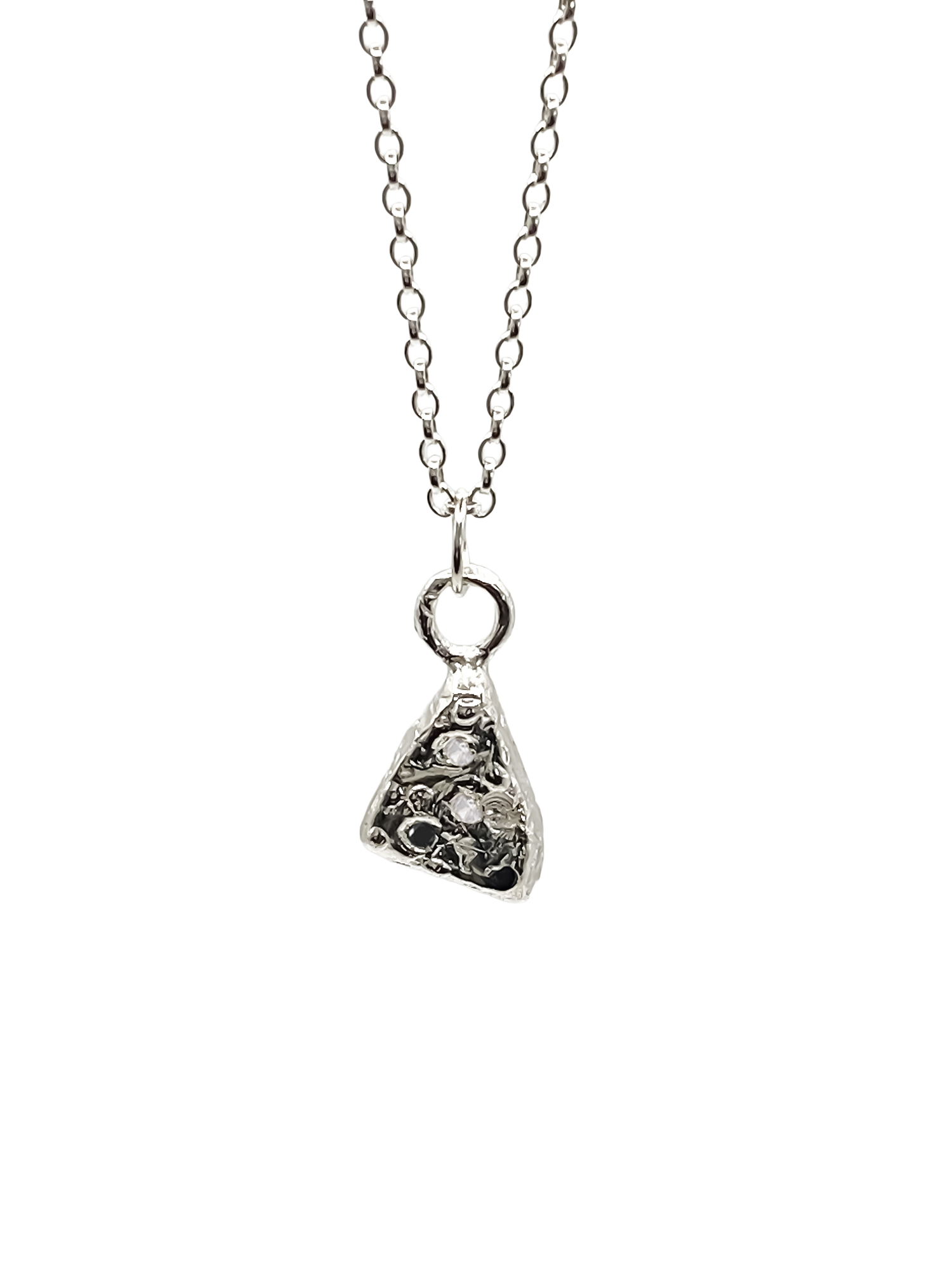 Delicate Triad Spark Pendant with a central gemstone, triangle form in gold or silver, free shipping