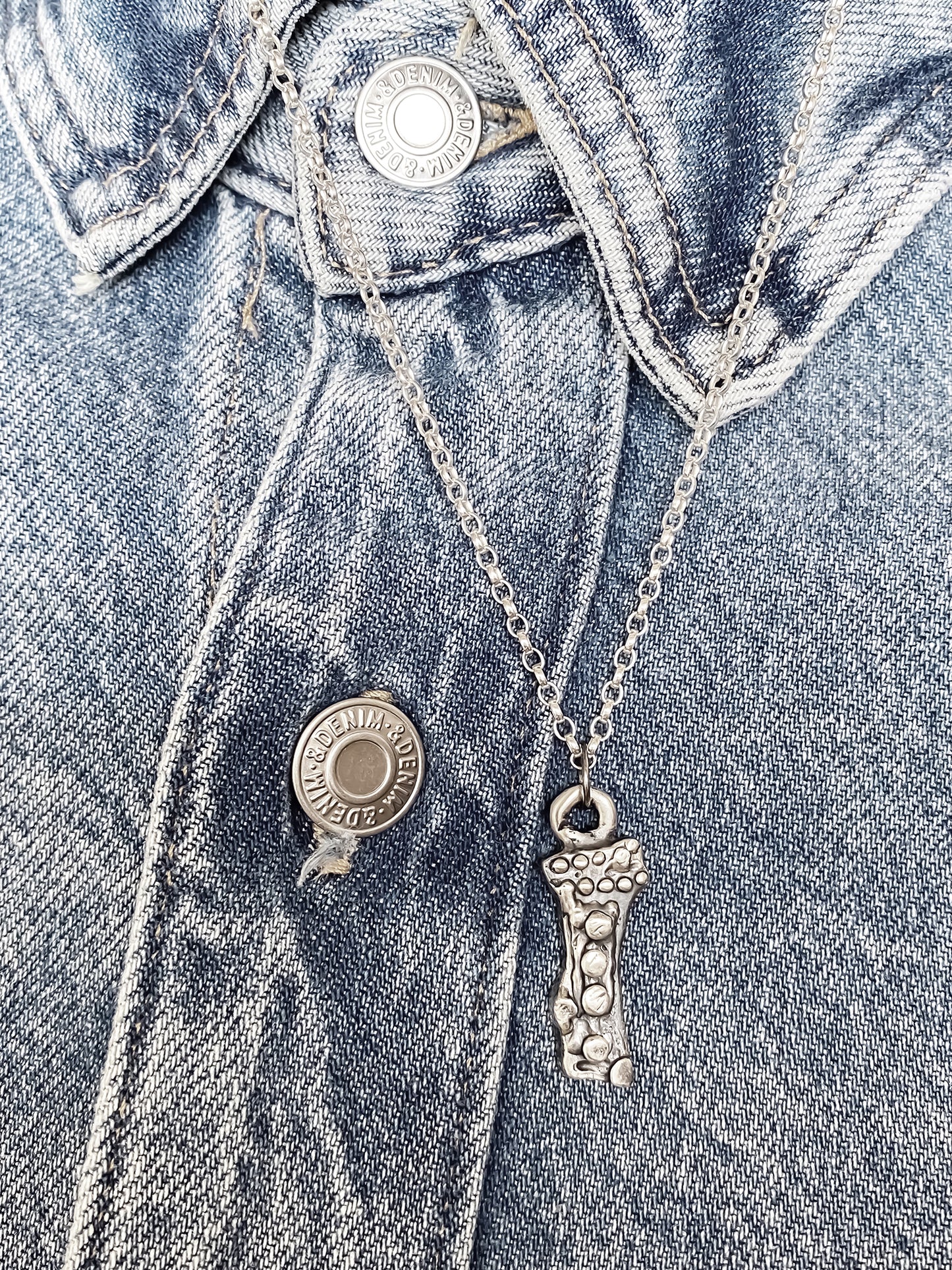 Twig Pendant worn with open jacket - charming oxidised organic texture gold or silver free shipping