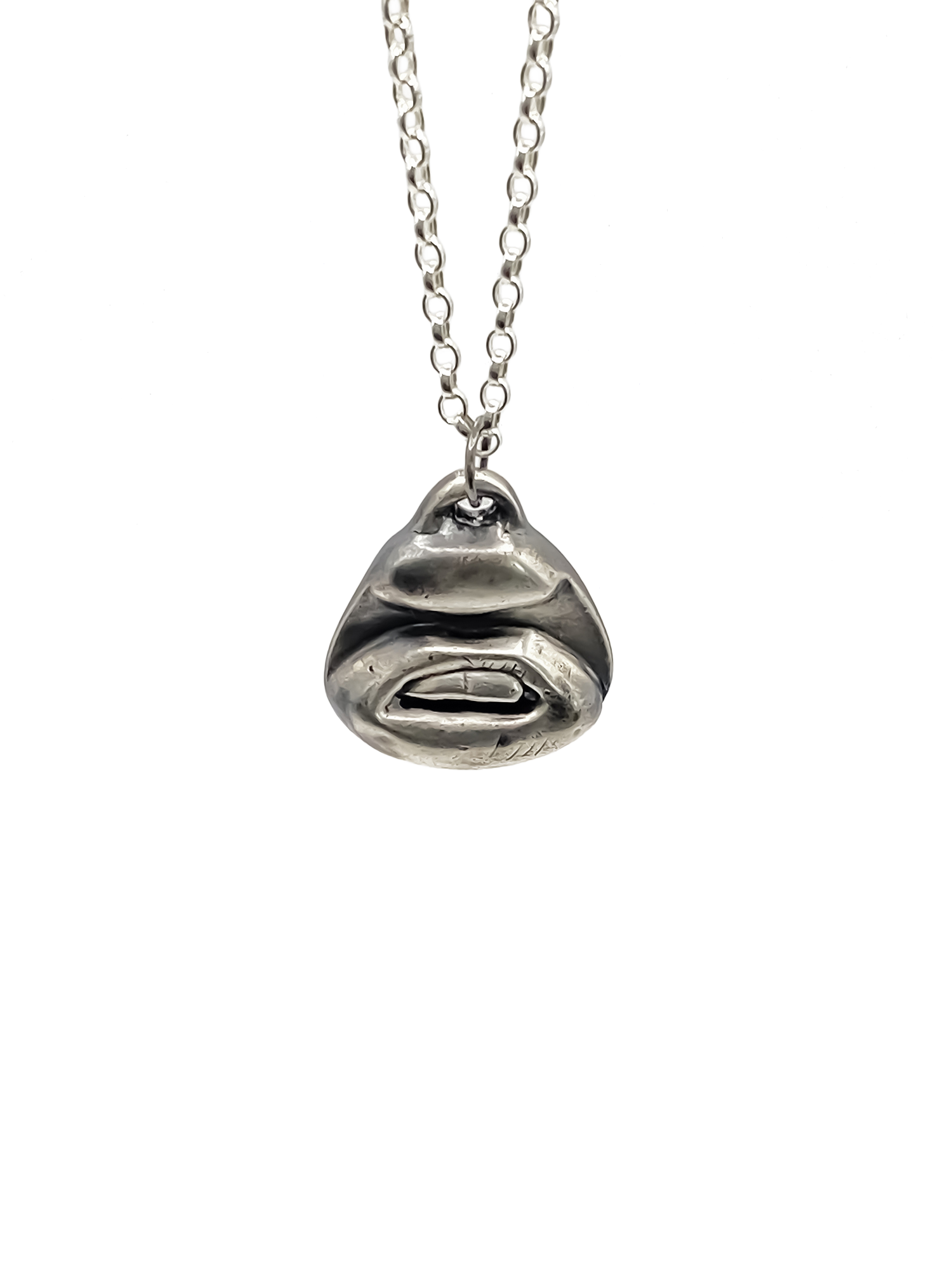 Two Teeth Pendant in frontal drop view - smile mouth lips charming oxidised organic texture gold or silver free shipping