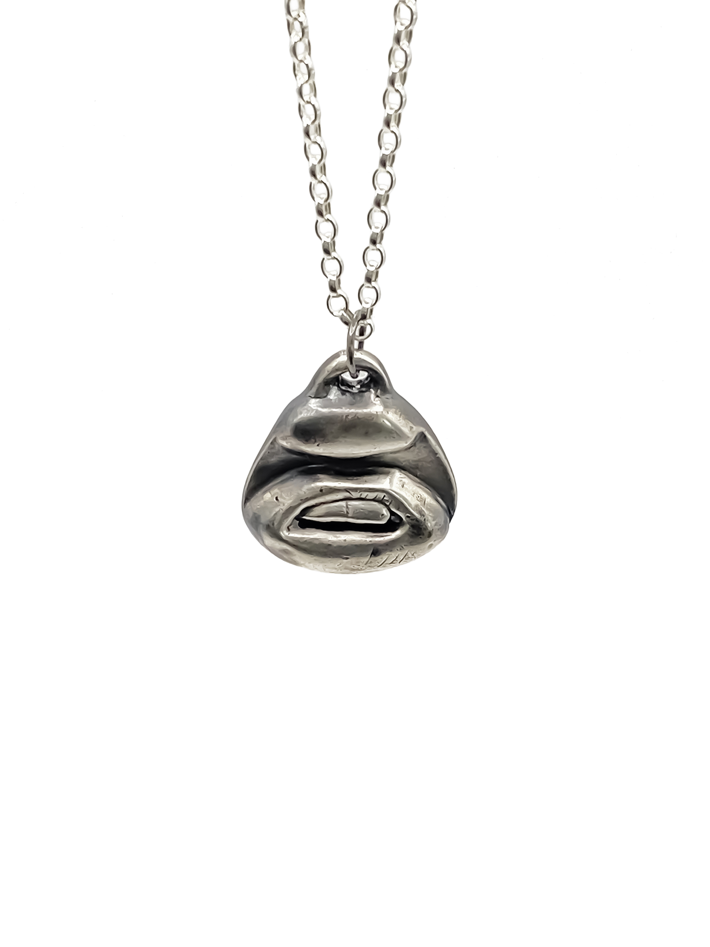Two Teeth Pendant in frontal drop view - smile mouth lips charming oxidised organic texture gold or silver free shipping