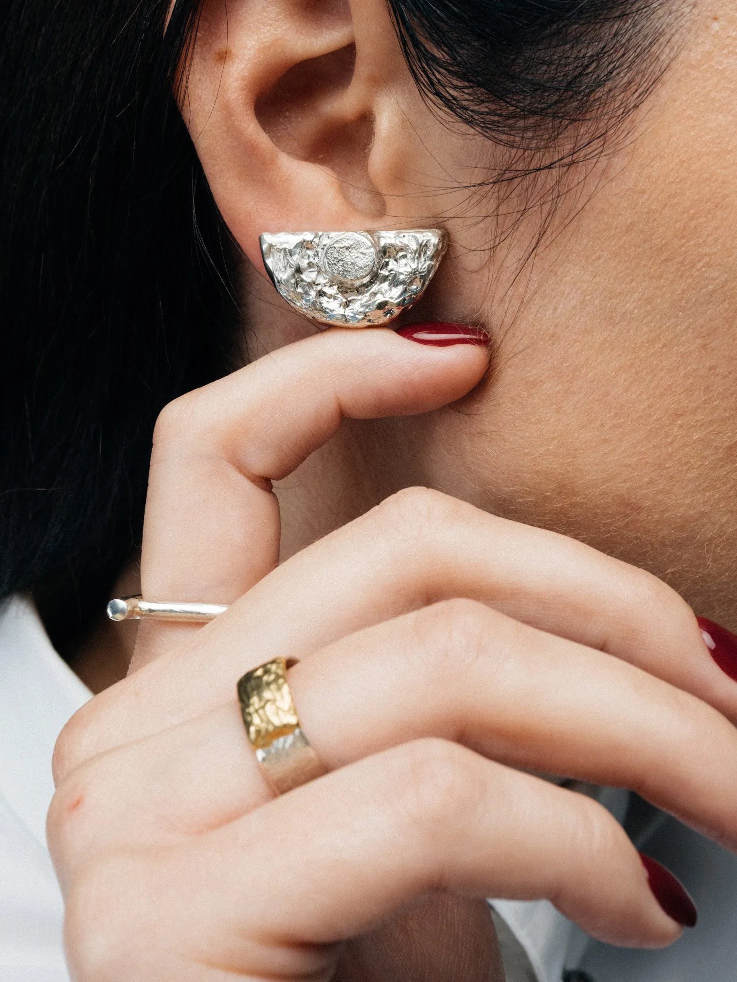 Designer Half Moon Earrings in premium metal, handmade jewelry, exquisite detail, alternate angle