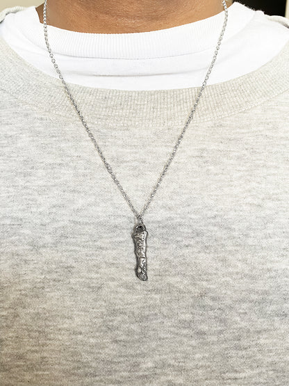 Brand Pendant worn by model in soft light - textured, square happy buddha, oxidised organic texture gold or silver free shipping