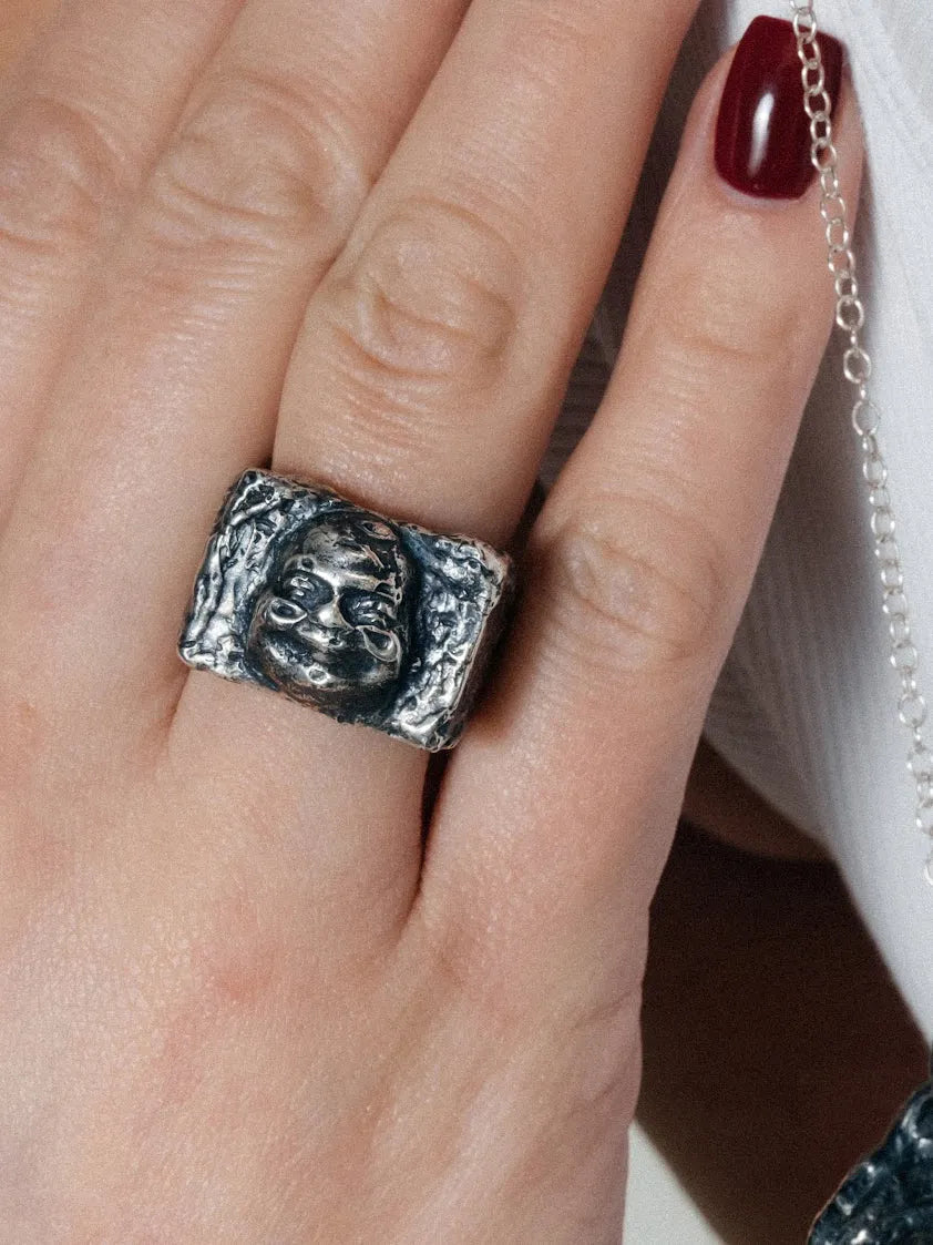 Buddha Signet Ring handmade luxury ring, Patina finish, smooth polished surface, close-up