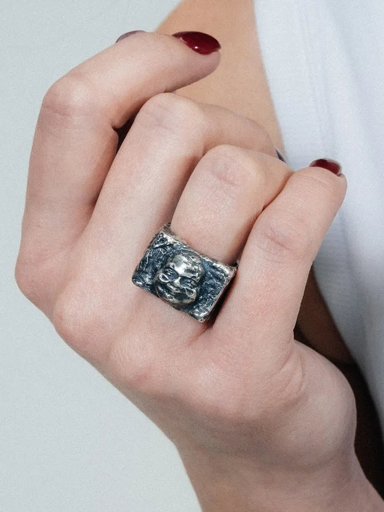 Buddha Signet Ring artisan crafted ring in 18ct Gold Vermeil, clean lines, lifestyle shot