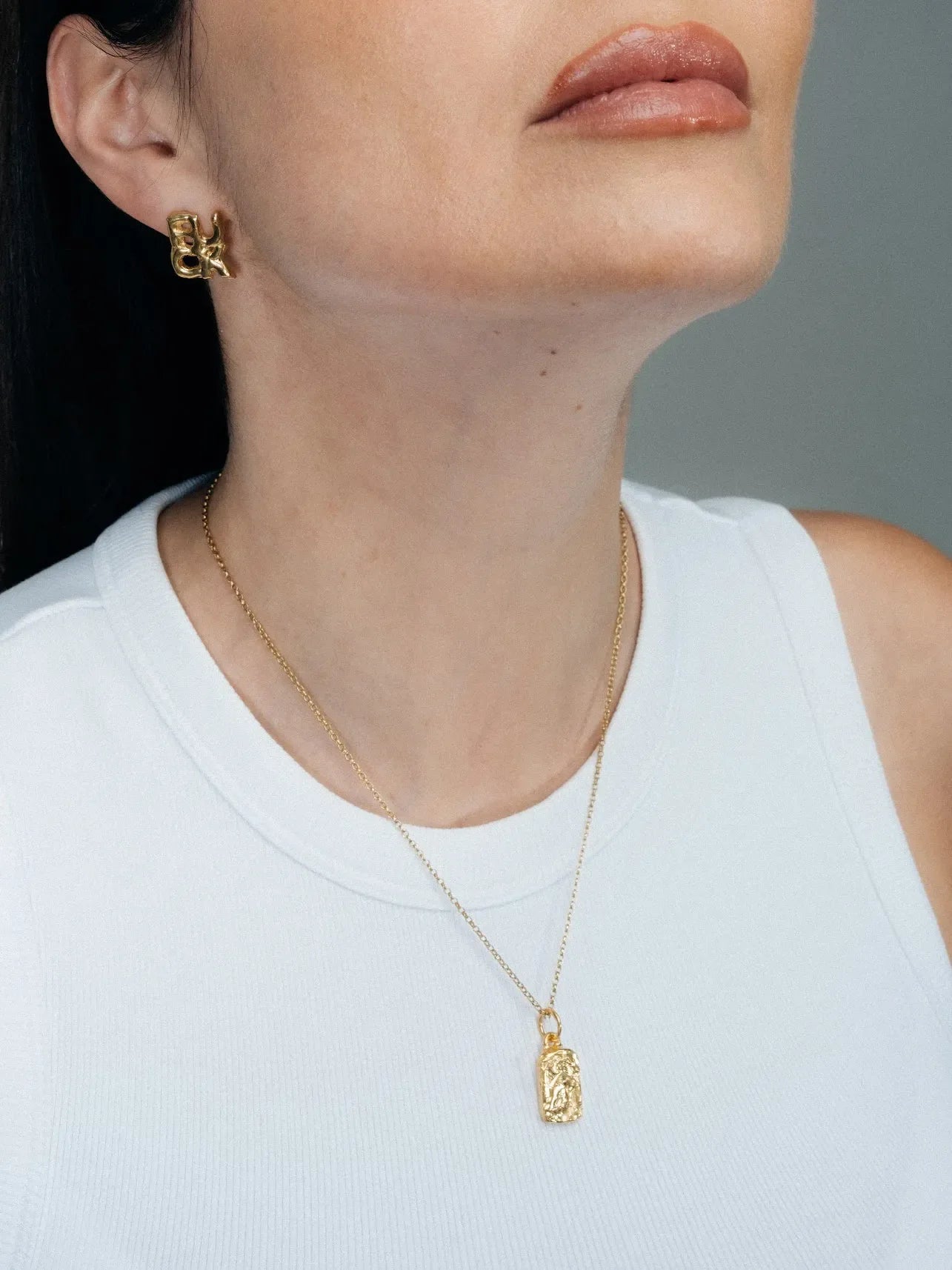 Rectangular Sculpted Necklace luxury artisan necklace in premium metal, stunning finish, styled view