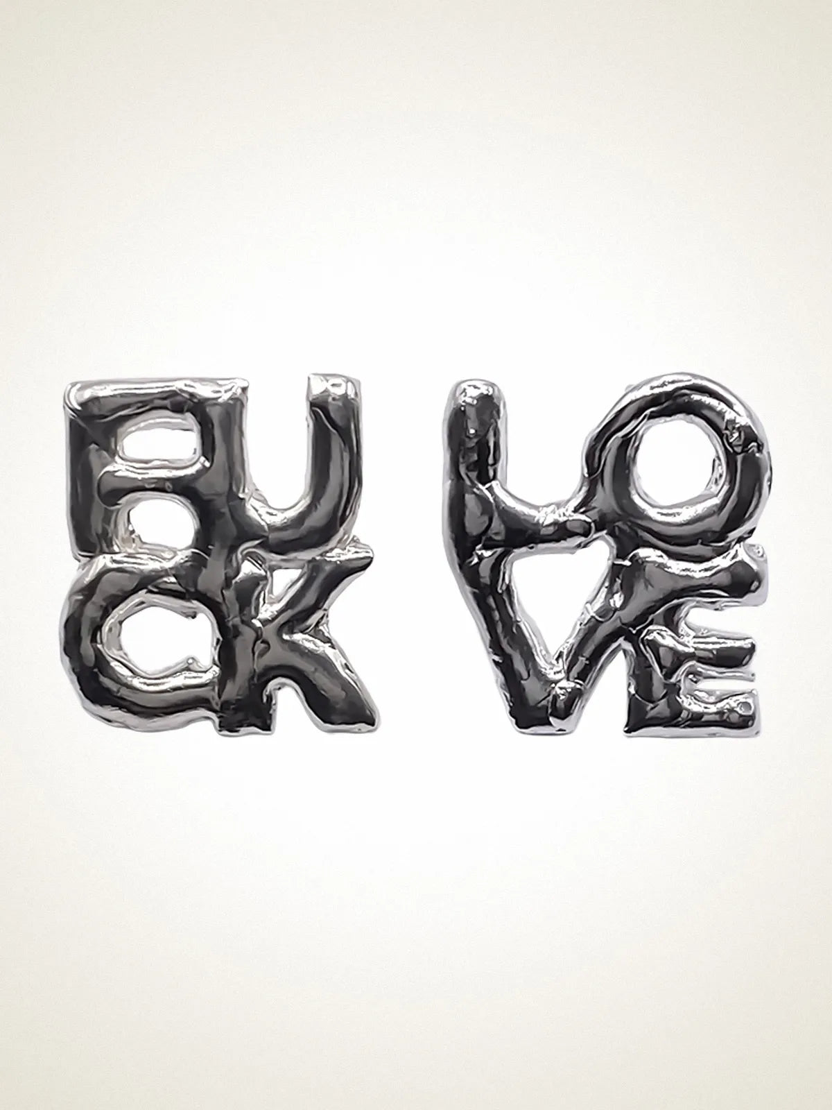 Premium Fuck/Love Earrings handmade in premium metal, classic design, worn view