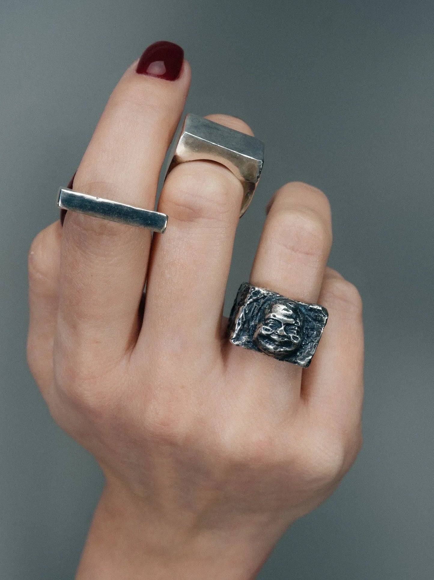 Handmade Buddha Signet Ring luxury jewelry, Patina, modern style, front view