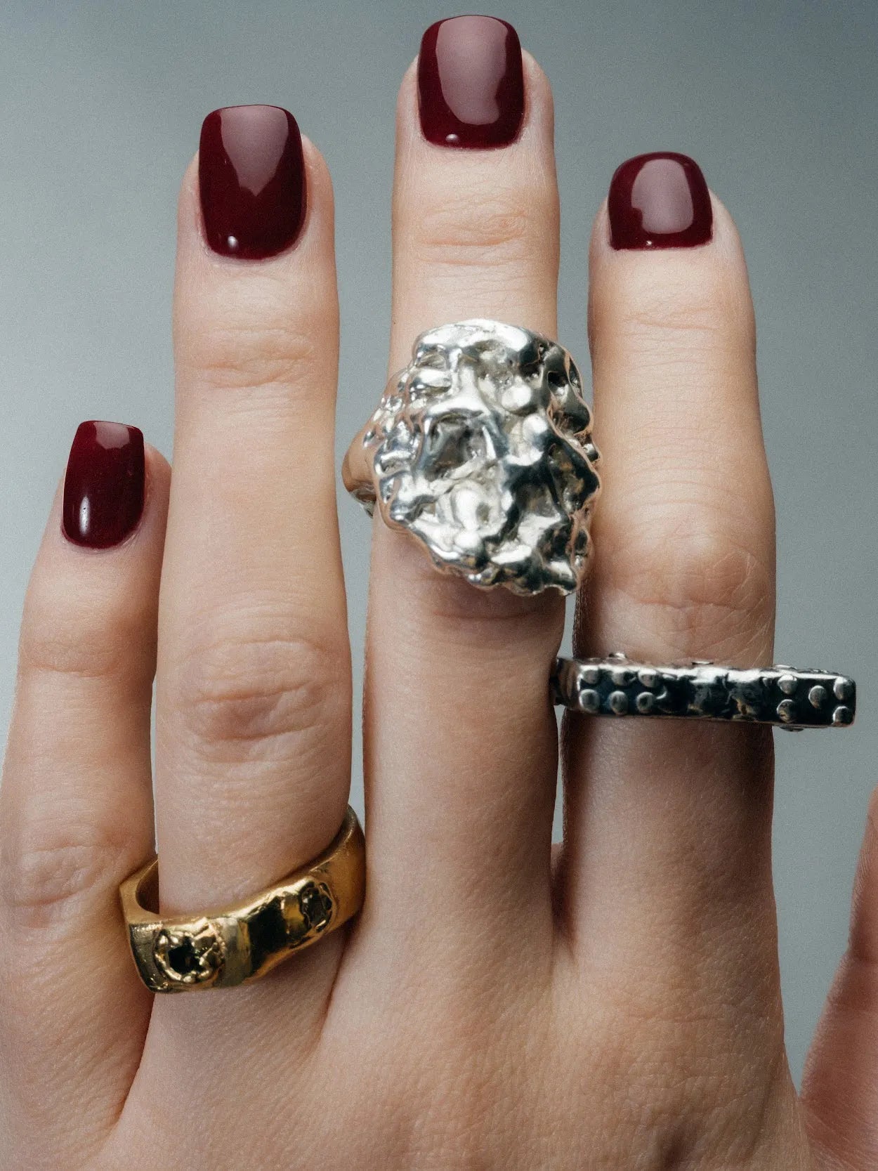 Artisan Wonky Nut Ring in premium Silver Black & Green Gemstone, refined finish, angle view