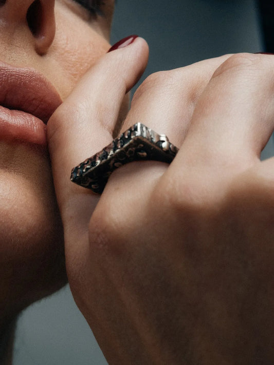 Slender Textured Ring handmade luxury ring, 18ct Gold Vermeil finish, sophisticated style, close-up