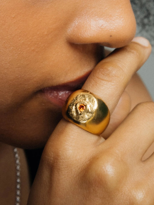 Round Signet Gem Ring handmade luxury ring, Sterling silver finish, smooth polished surface, close-up