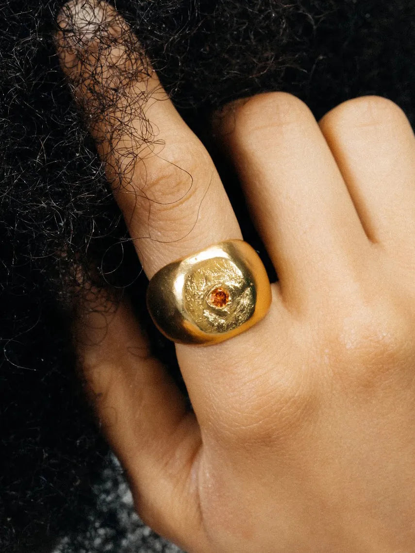 Handmade Round Signet Gem Ring luxury jewelry, premium metal, modern style, front view