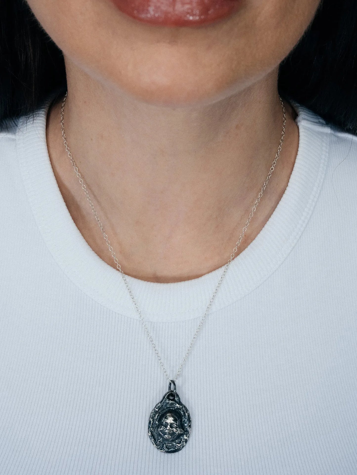 Designer Buddha Face Necklace in premium metal, handmade jewelry, spiritual gift, alternate angle