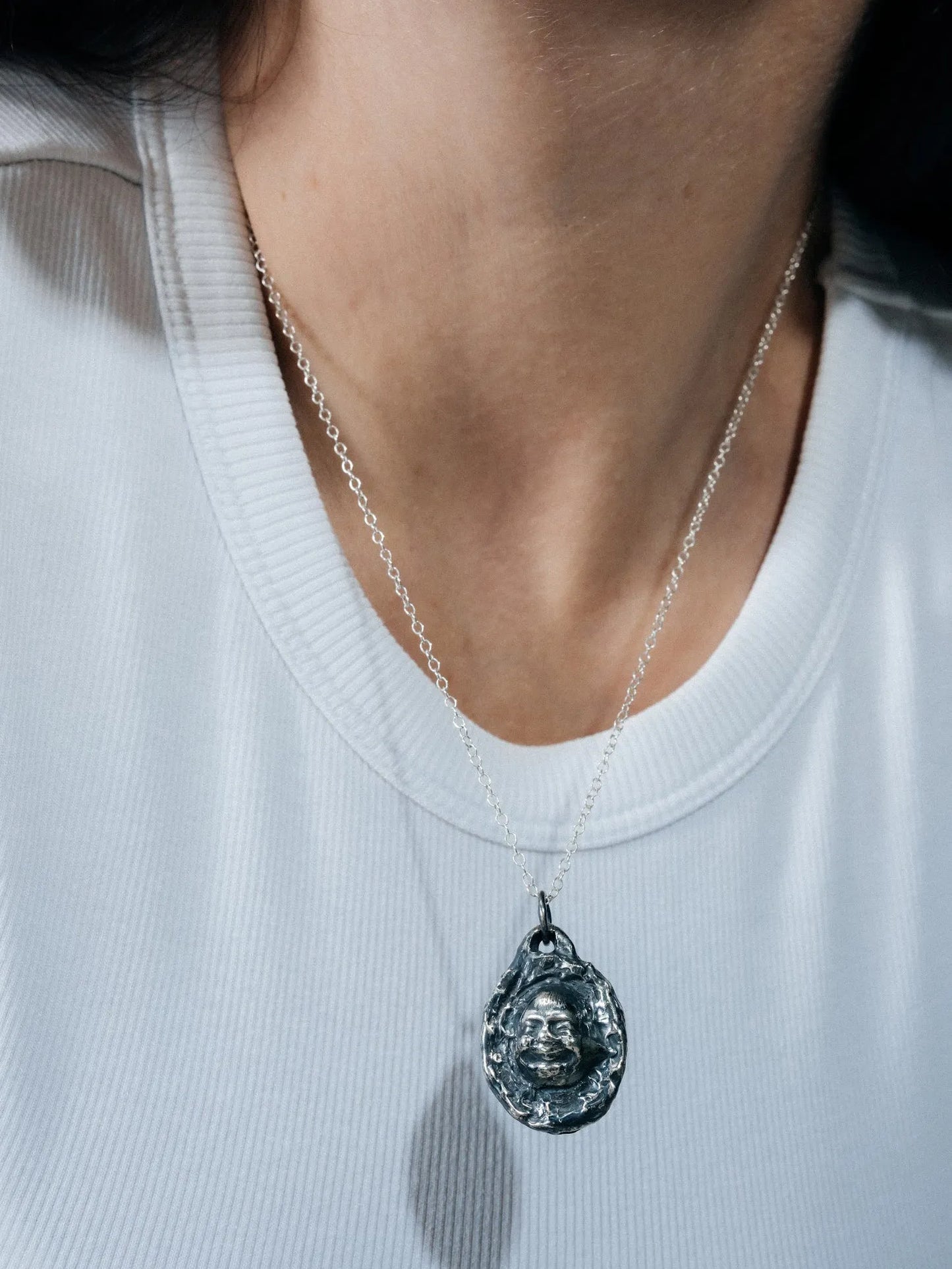 Premium Buddha Face Necklace handmade in premium metal, peaceful pendant, worn view