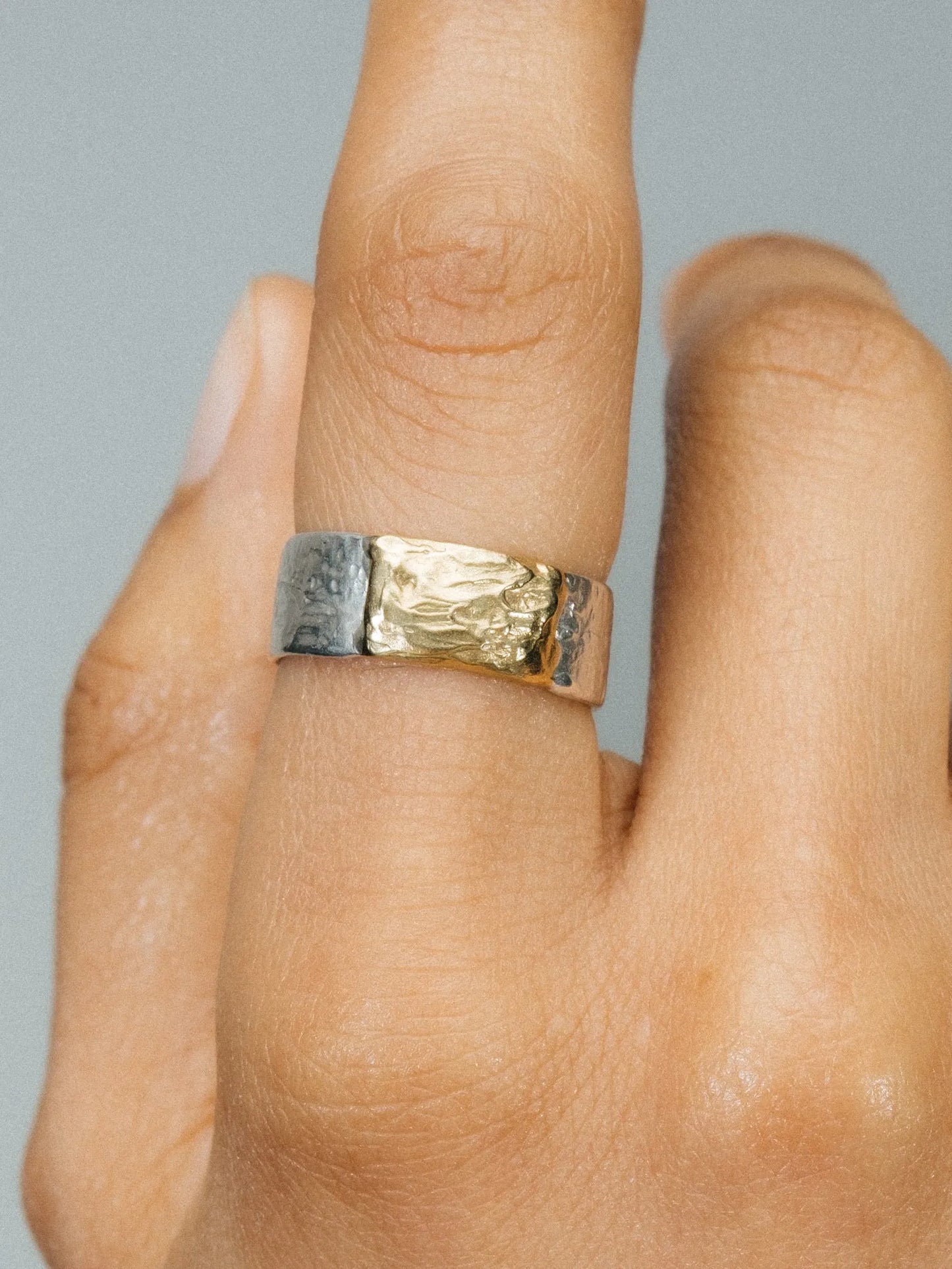 Strata Ring luxury artisan ring in Sterling silver, stunning finish, styled view