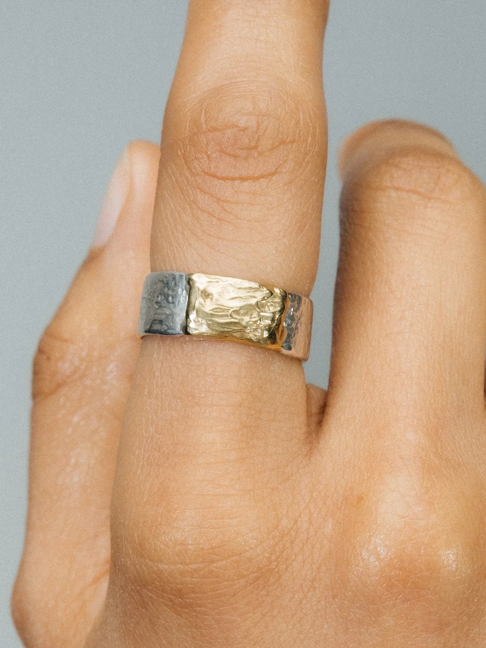 Strata Ring luxury artisan ring in Sterling silver, stunning finish, styled view