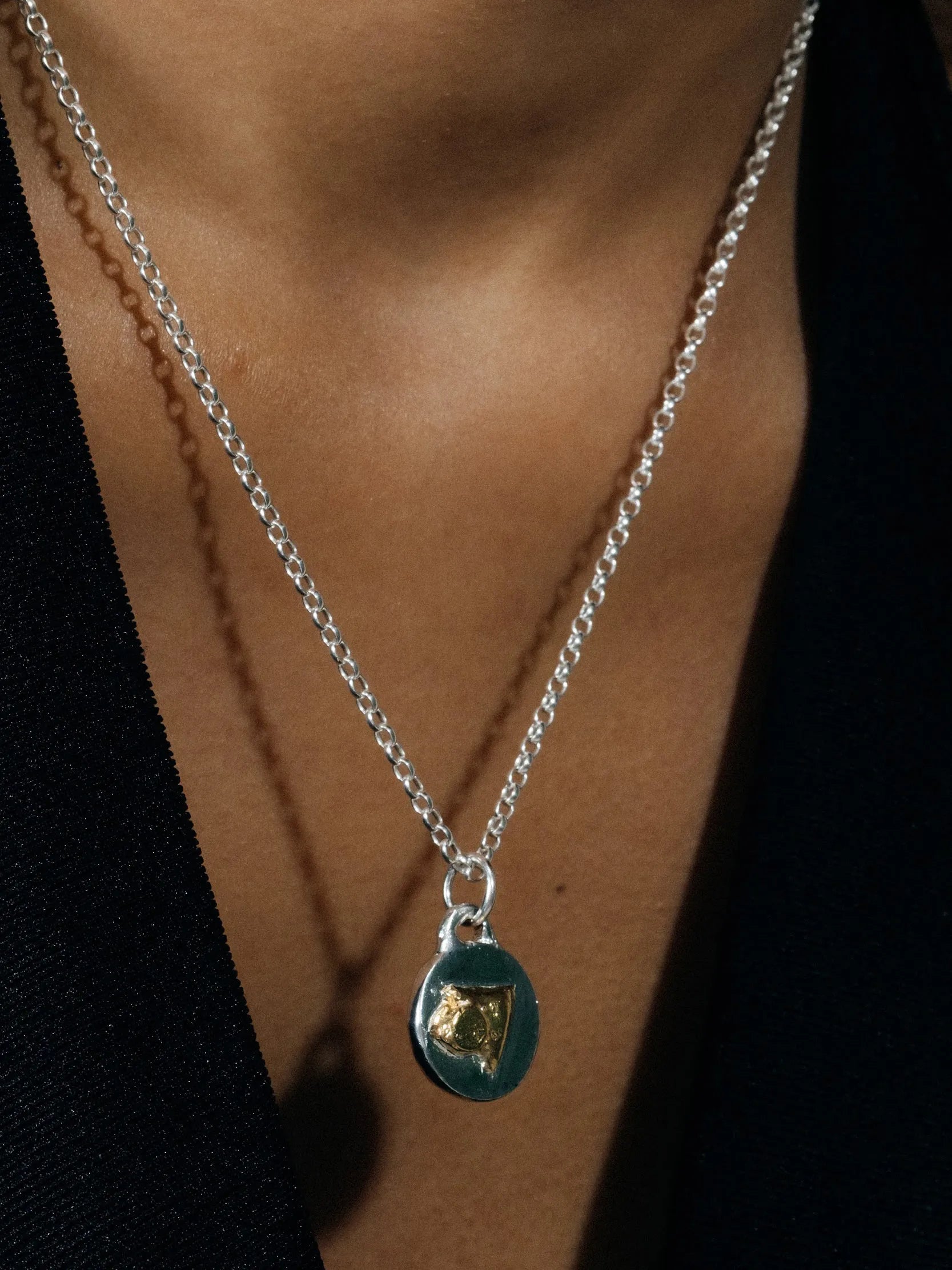 Trainage And Circle Necklace handmade luxury necklace, Patina finish, sophisticated style, close-up