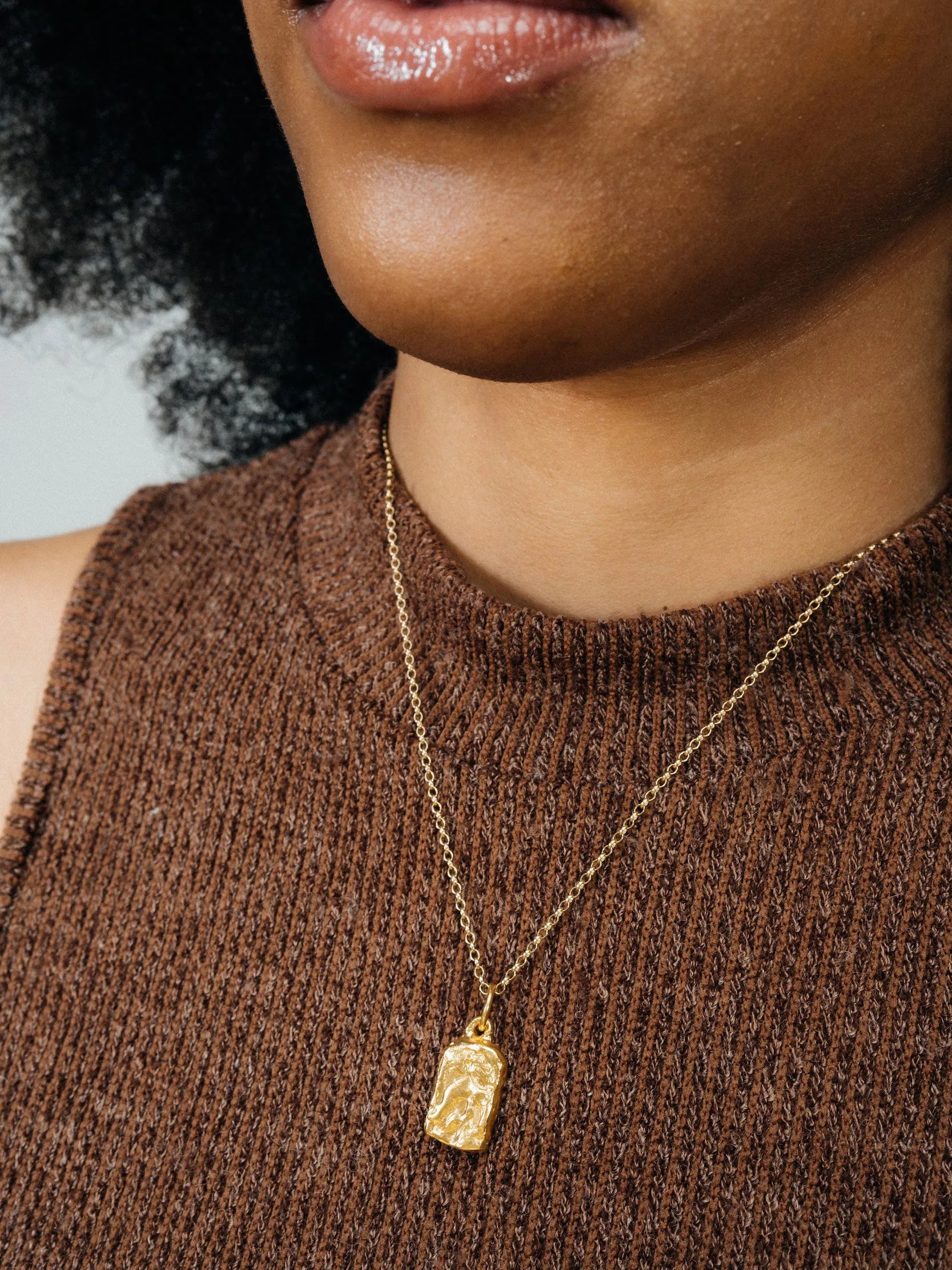 Rectangular Sculpted Necklace designer necklace in 18ct Gold Vermeil, premium quality, side view