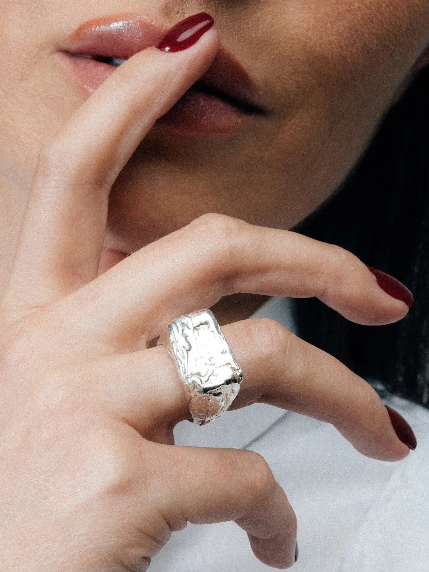 Rosa Signet Ring designer ring in Sterling silver, square face, side view