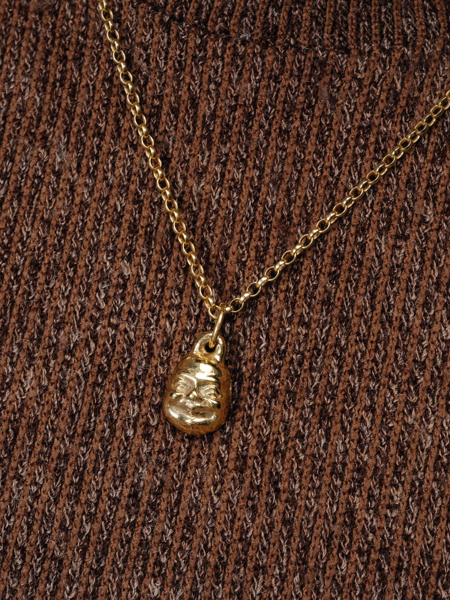 Artisan Small Buddha Face Necklace in premium 18ct Gold Vermeil, meaningful design, angle view