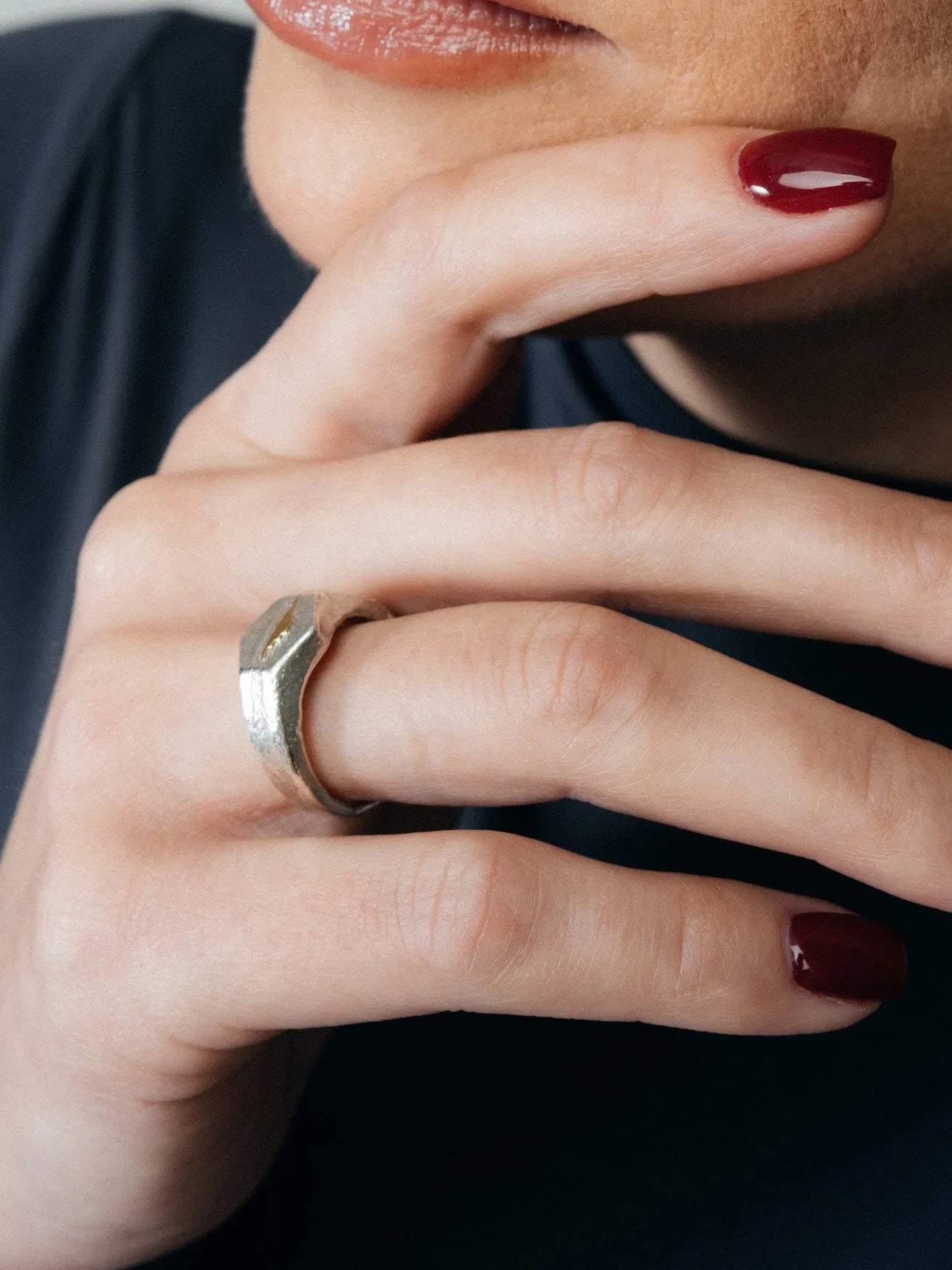 Cuttle Signature Ring luxury artisan ring in 18ct Gold Vermeil, stunning finish, styled view