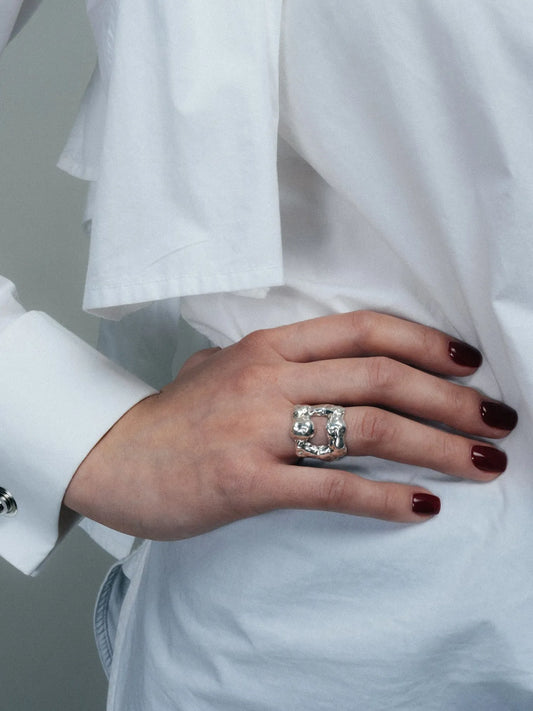 Premium Mask Ring handmade in premium metal, classic design, worn view