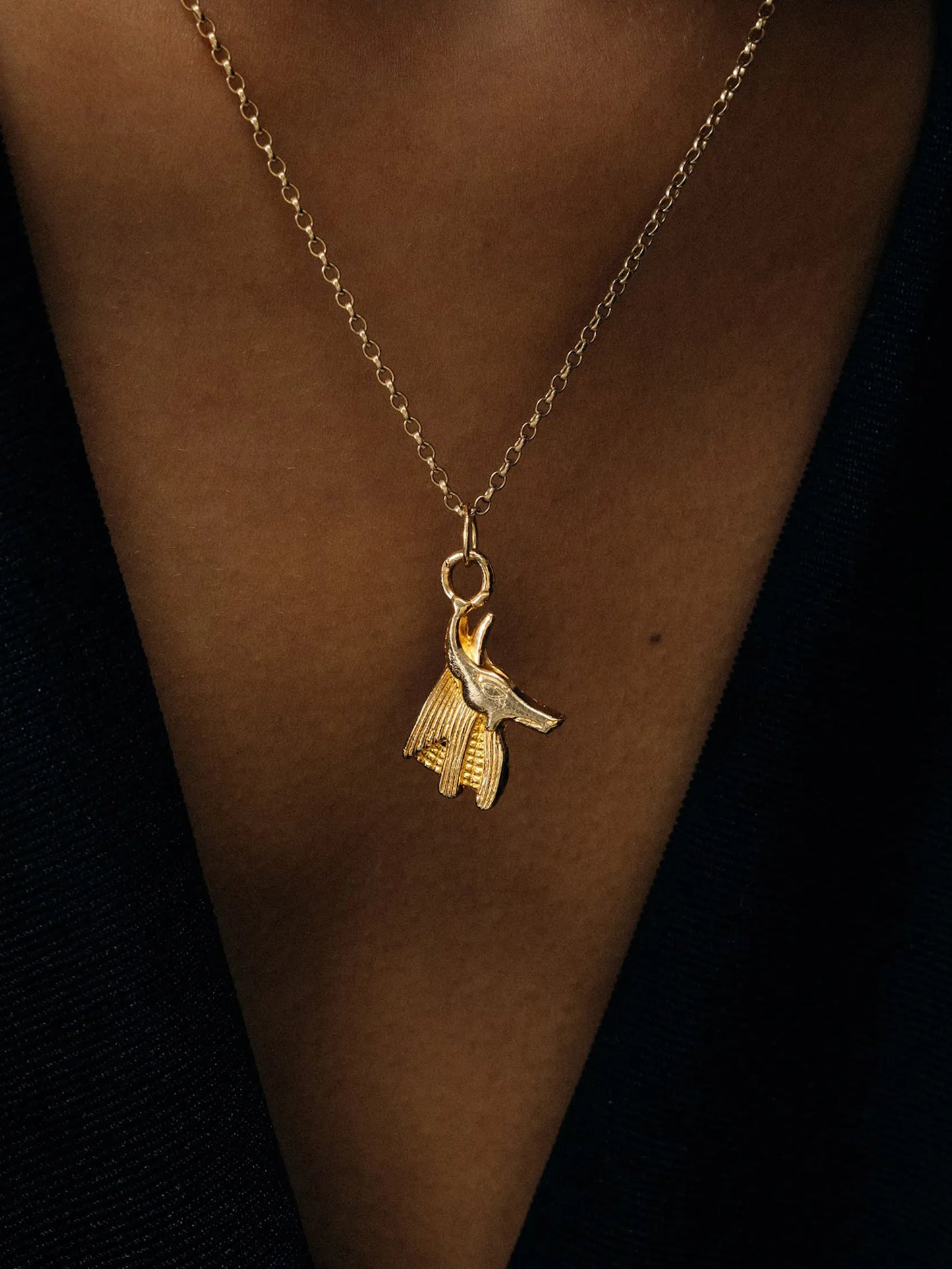 Anubis Necklace handmade luxury necklace, Patina finish, sophisticated style, close-up