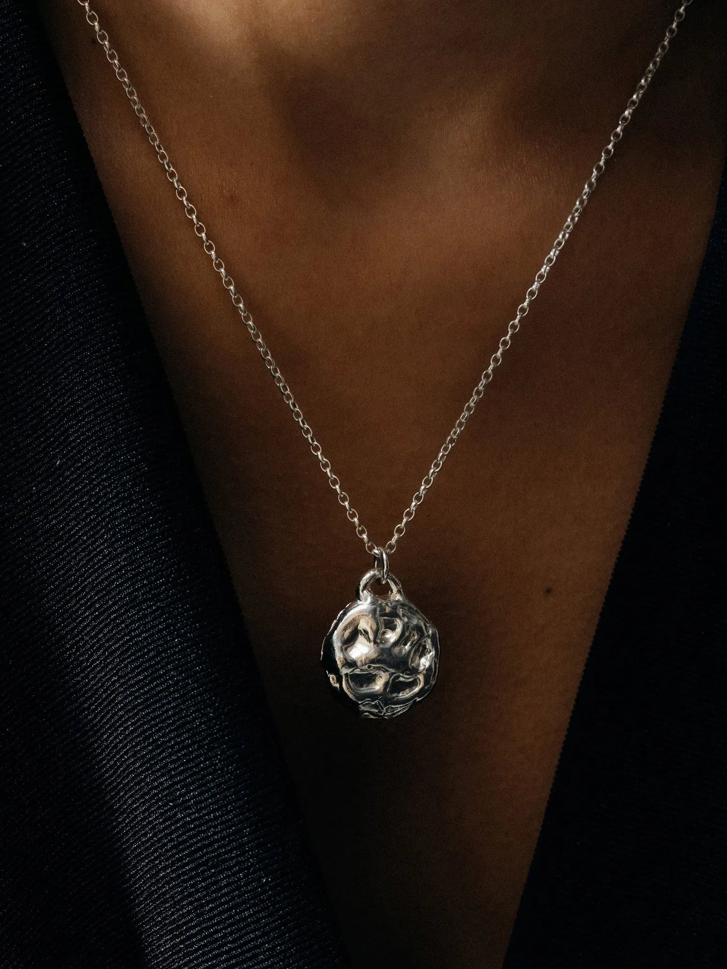 Premium Moon Pendant handmade in Sterling silver, classic design, worn view