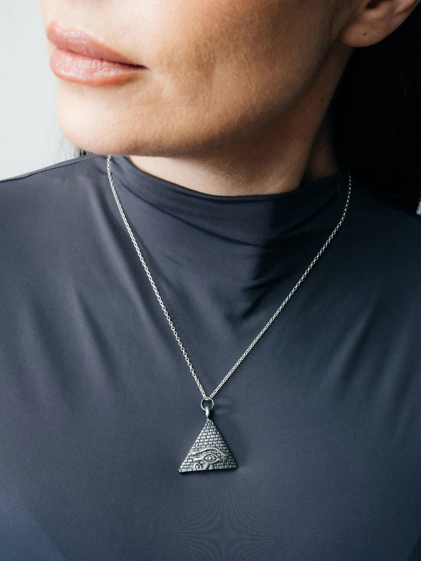 Horus Eye Pyramid Necklace handmade luxury necklace, premium metal finish, sophisticated style, close-up