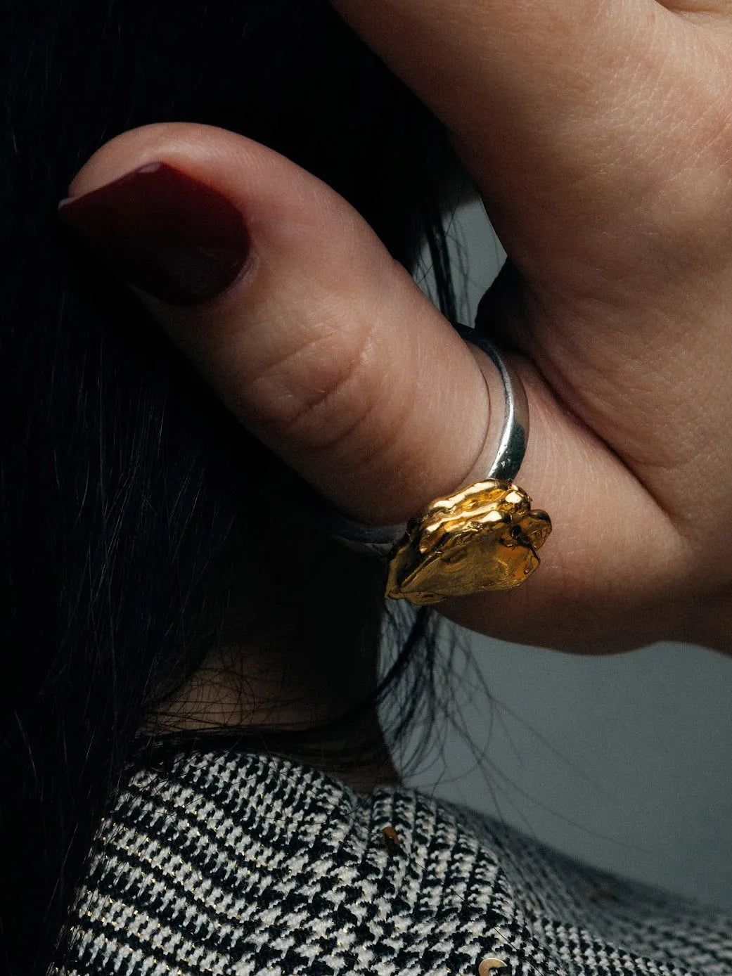 "Flower" ring artisan crafted ring in premium metal, timeless style, lifestyle shot