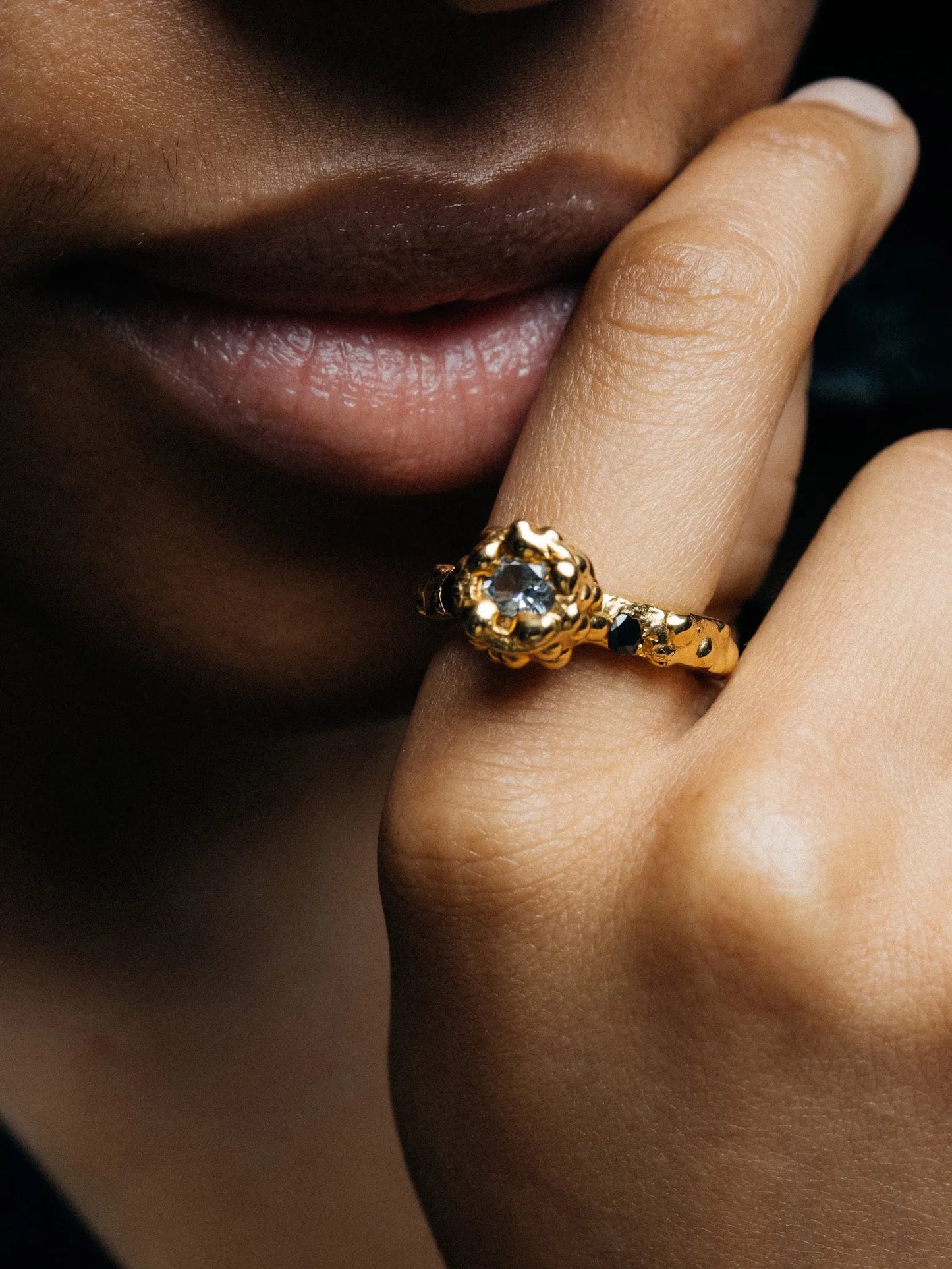 Orbit Gem Ring handmade luxury ring, 18ct Gold Vermeil finish, sophisticated style, close-up