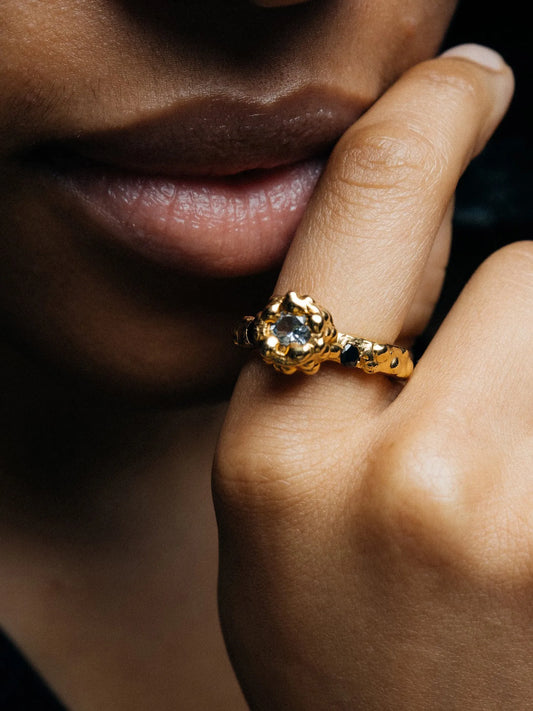 Orbit Gem Ring handmade luxury ring, 18ct Gold Vermeil finish, sophisticated style, close-up