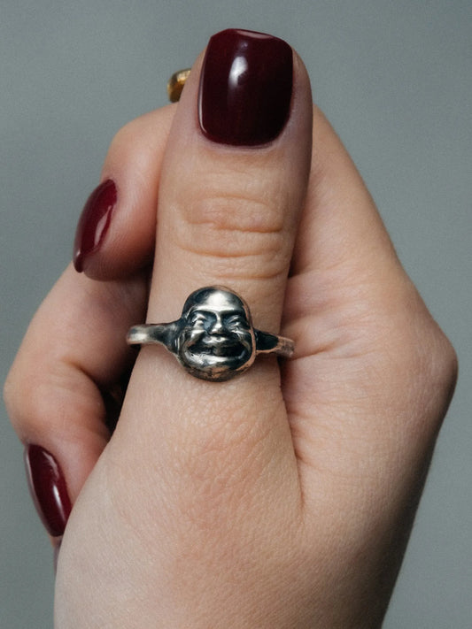 Buddha Finger Ring handmade luxury ring, Patina finish, meditation jewelry, close-up