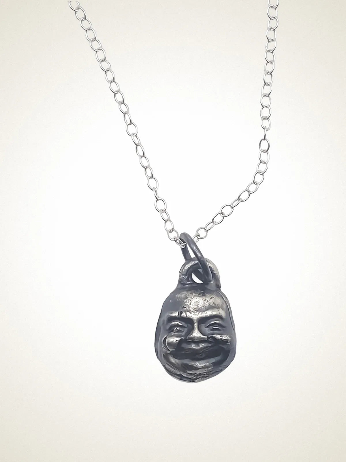 Designer Small Buddha Face Necklace in premium metal, handmade jewelry, spiritual gift, alternate angle