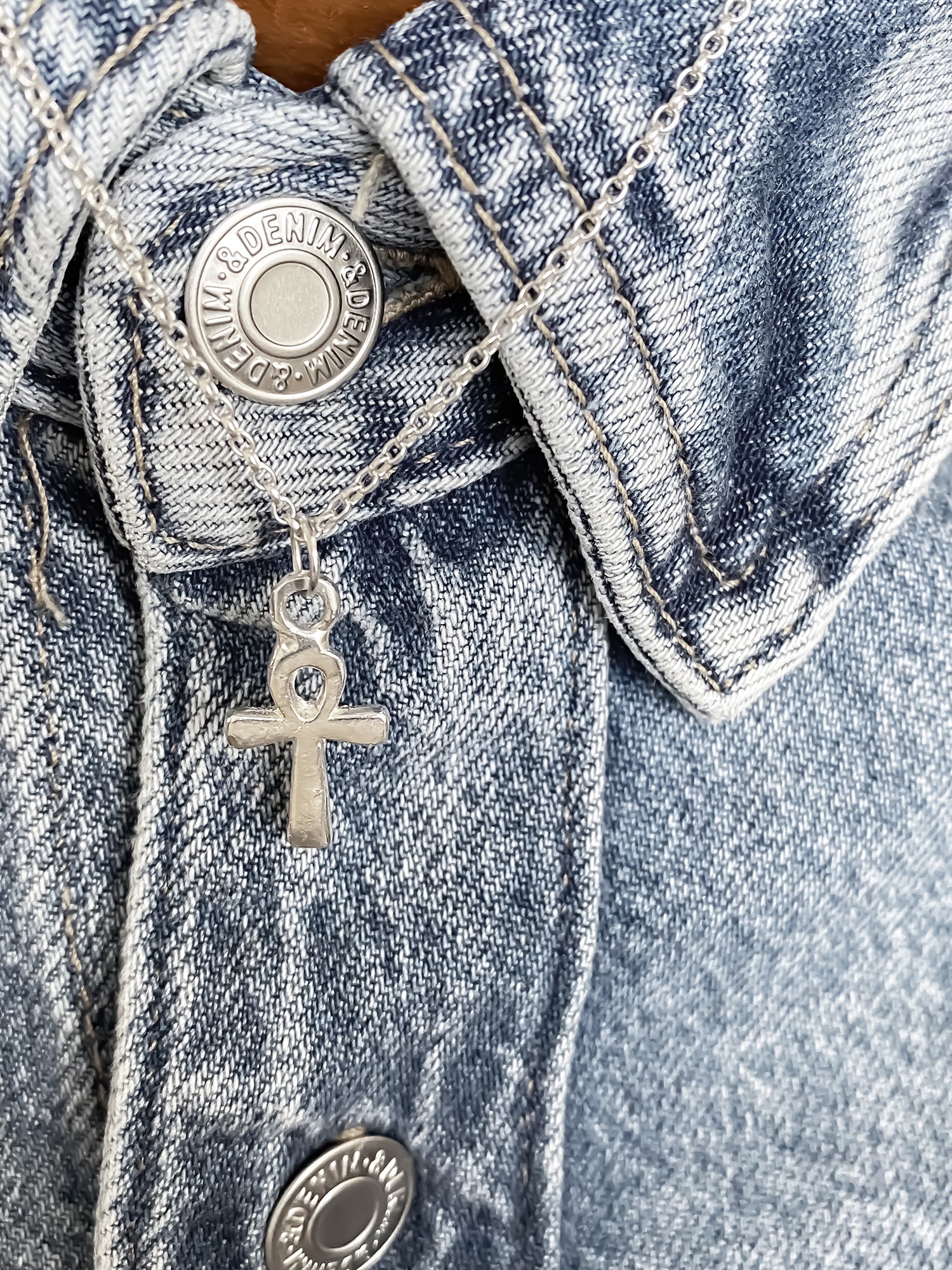 Ankh Pendant styled on denim jacket. Egyptian African