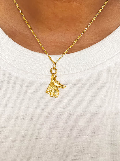 Elegant Anubis Pendant worn over white cotton spiritual African jewellery by MOCA Jewellery