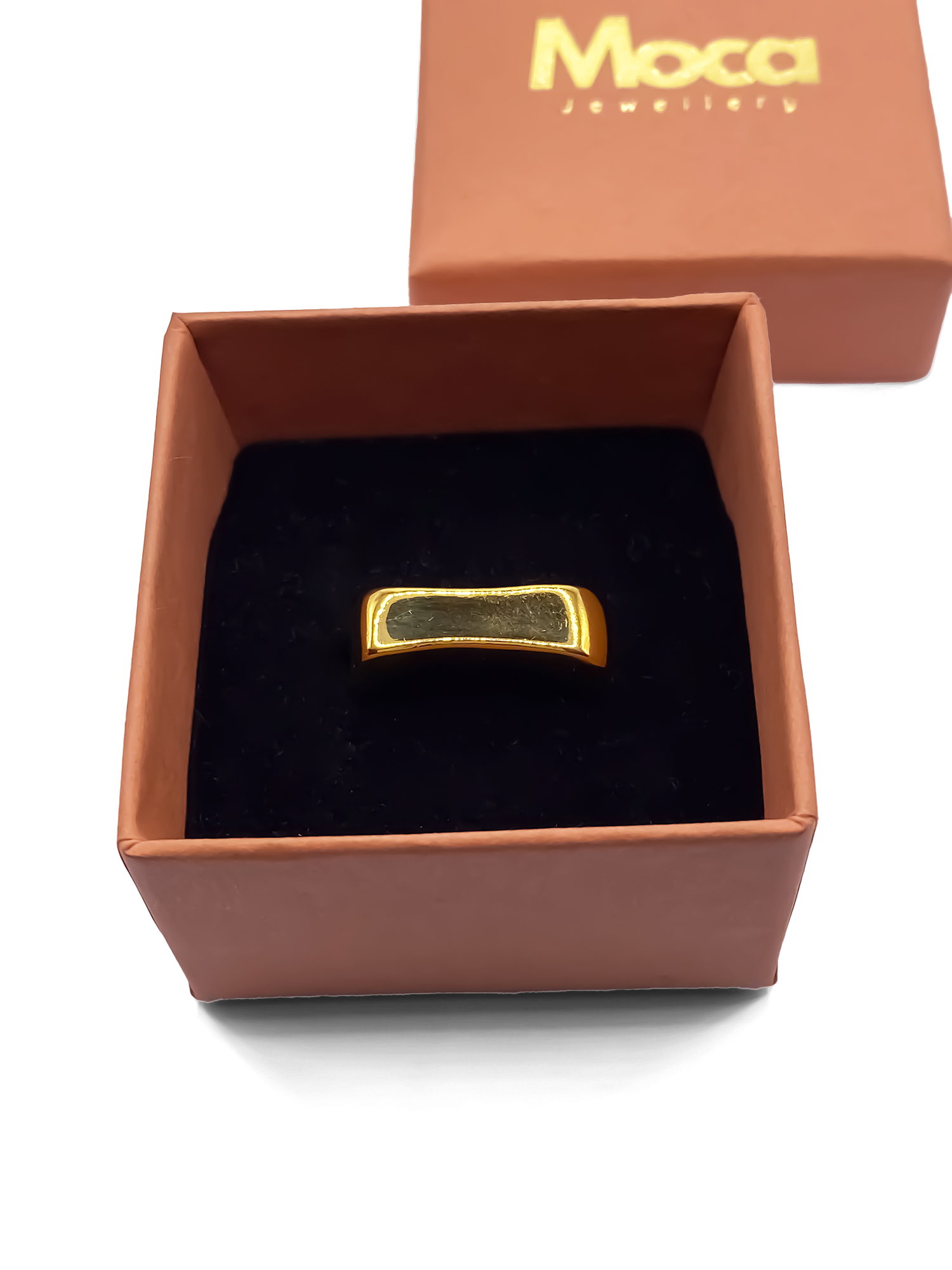 Gold ring displayed in MOCA Jewellery box, handmade asymmetric design